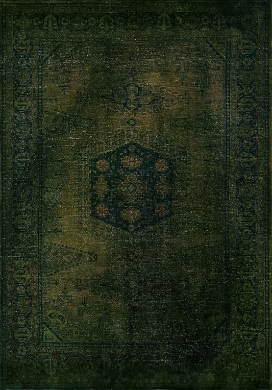 8x10 green overdyed handmade turkish area rug with distressed look. Vintage Turkish rug available from the best rug shop in the San Francisco Bay Area. 