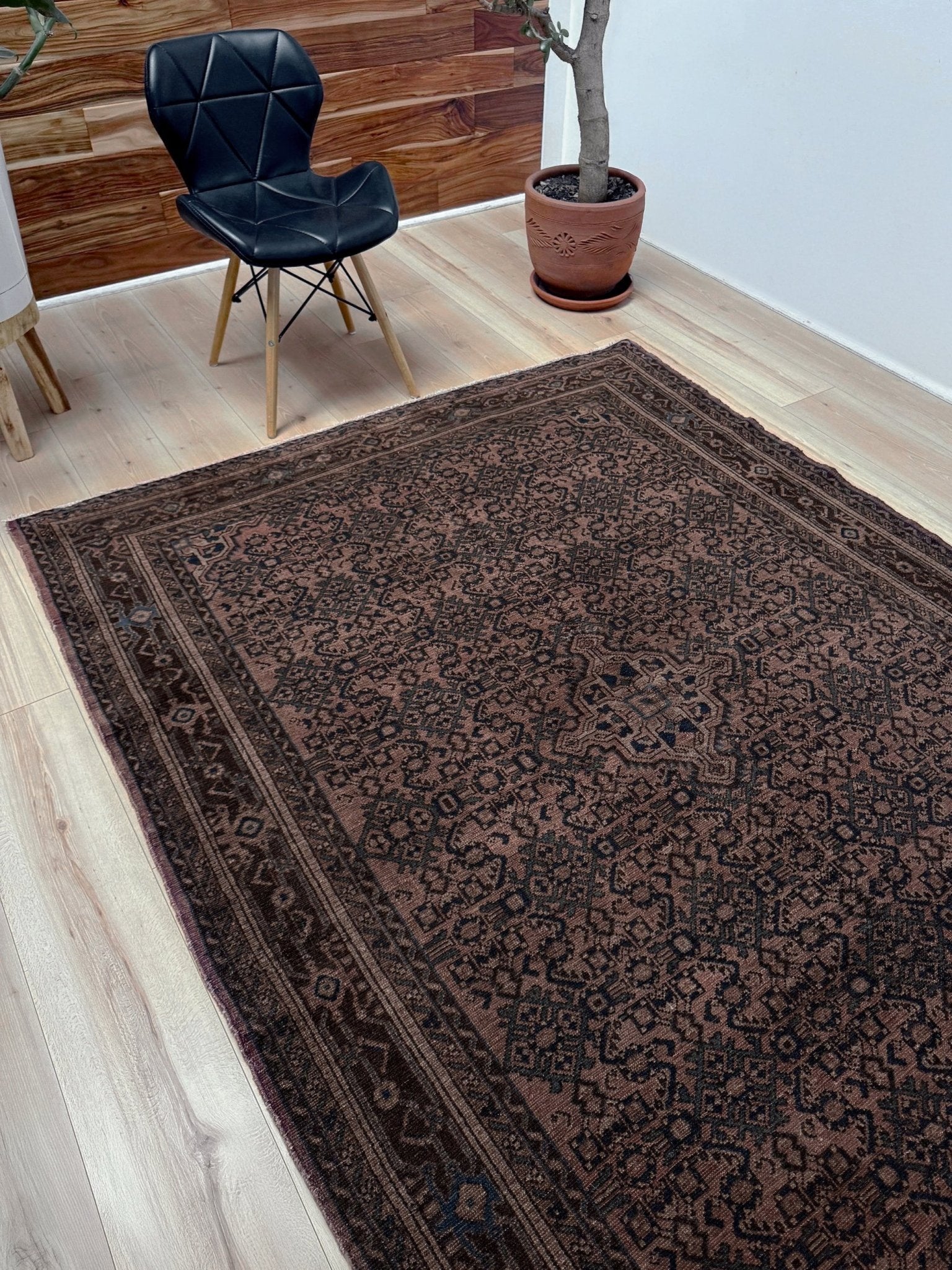 Vintage Persian Malayer overdyed rug in espresso brown with tonal geometric pattern, distressed handmade wool area rug 5'4x7'4 from Indigo Rugs Burlingame Bay Area.