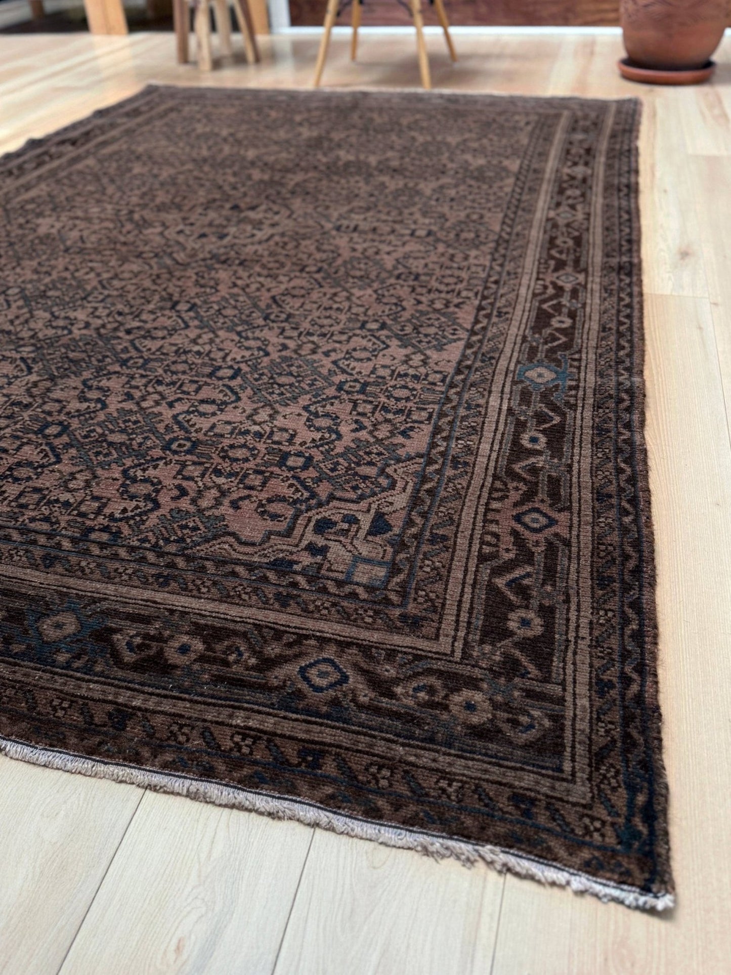 Vintage Persian Malayer overdyed rug in espresso brown with tonal geometric pattern, distressed handmade wool area rug 5'4x7'4 from Indigo Rugs Burlingame Bay Area.