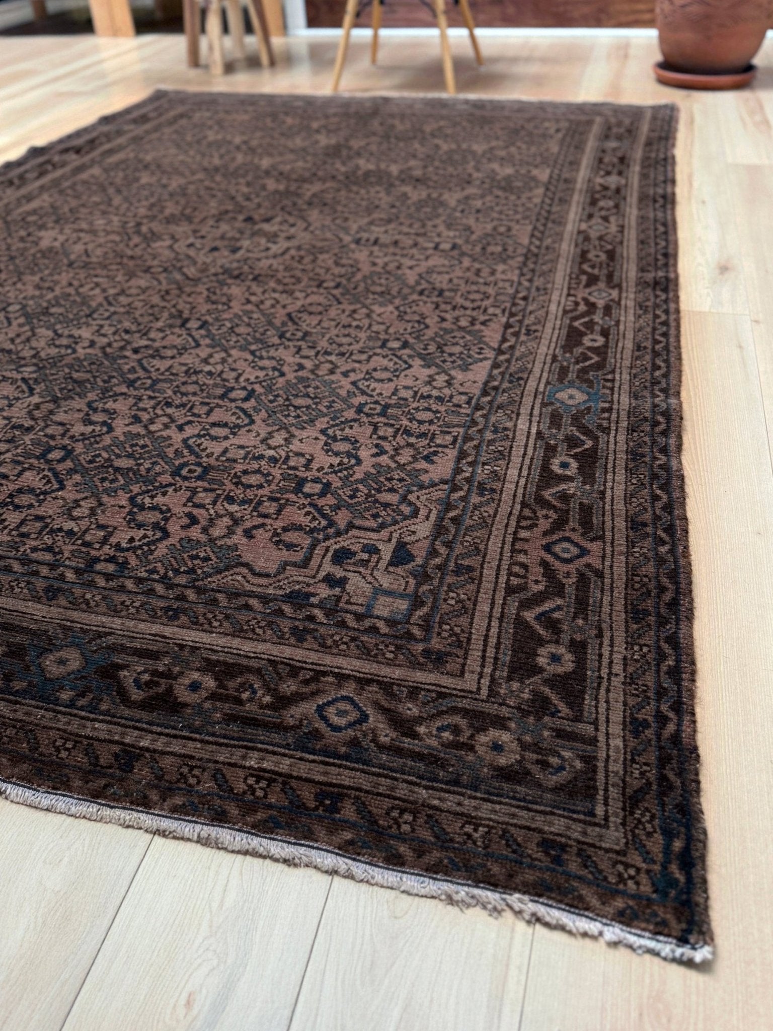 Vintage Persian Malayer overdyed rug in espresso brown with tonal geometric pattern, distressed handmade wool area rug 5'4x7'4 from Indigo Rugs Burlingame Bay Area.