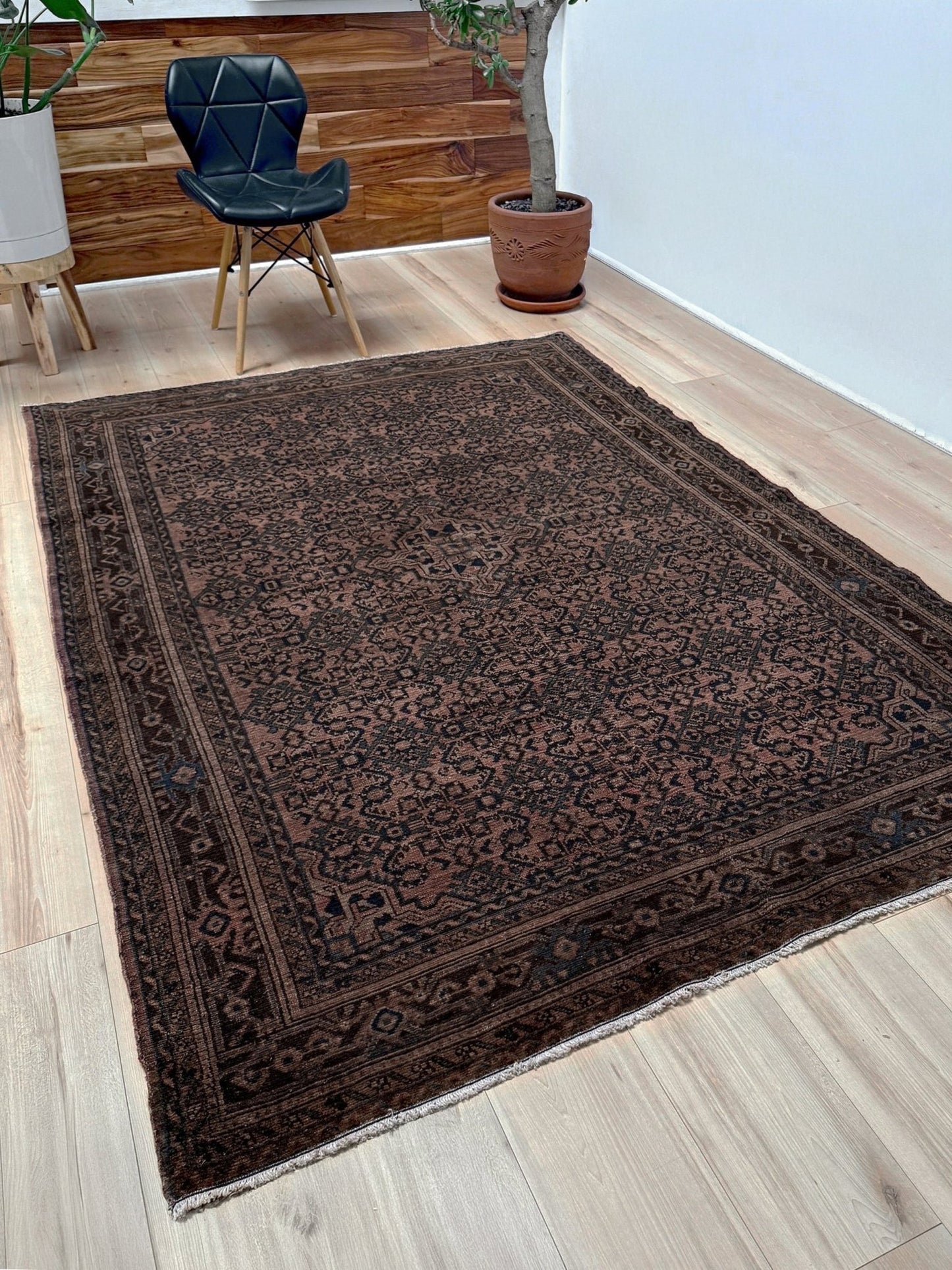 Vintage Persian Malayer overdyed rug in espresso brown with tonal geometric pattern, distressed handmade wool area rug 5'4x7'4 from Indigo Rugs Burlingame Bay Area.