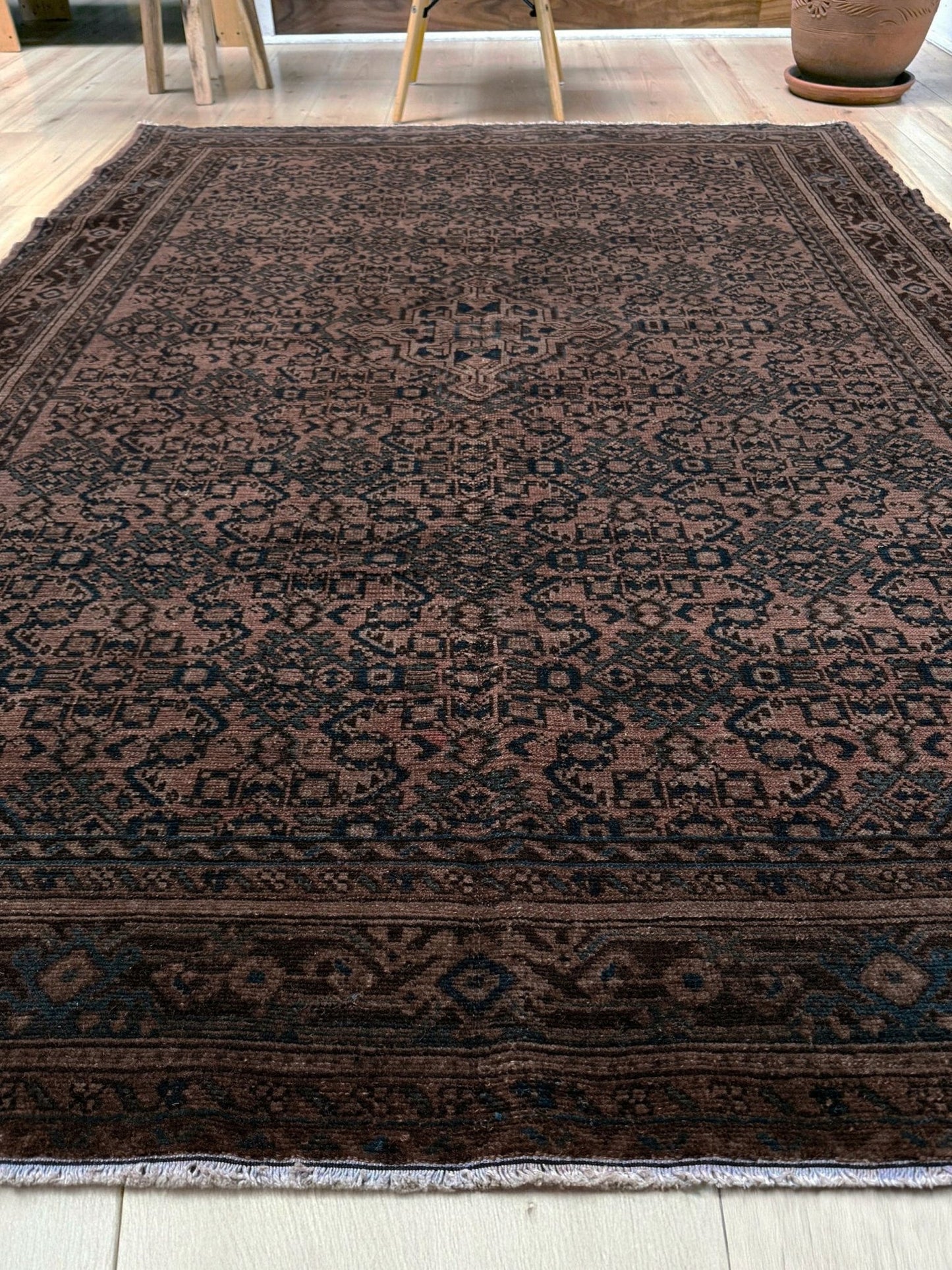 Vintage Persian Malayer overdyed rug in espresso brown with tonal geometric pattern, distressed handmade wool area rug 5'4x7'4 from Indigo Rugs Burlingame Bay Area.