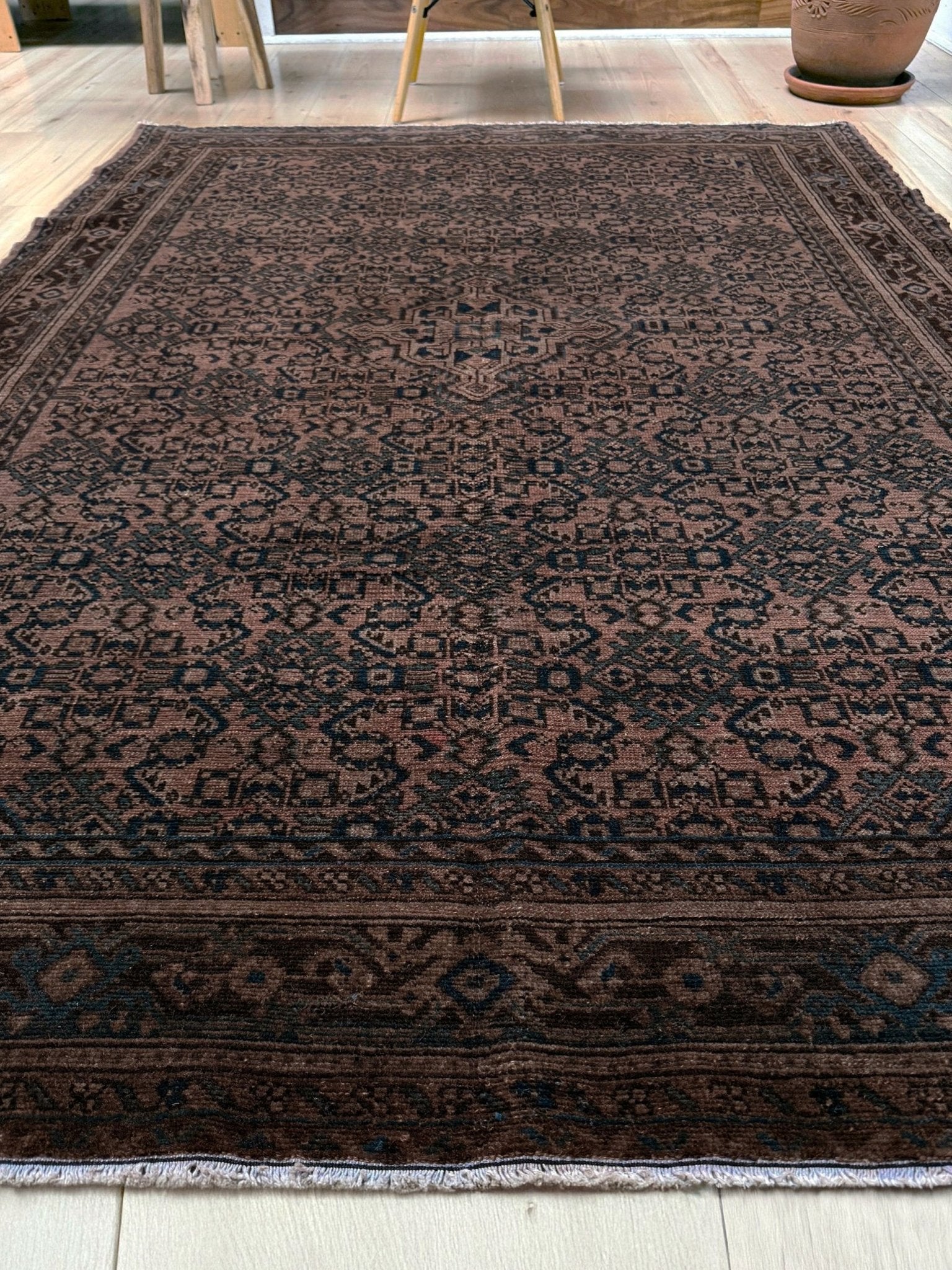 Vintage Persian Malayer overdyed rug in espresso brown with tonal geometric pattern, distressed handmade wool area rug 5'4x7'4 from Indigo Rugs Burlingame Bay Area.