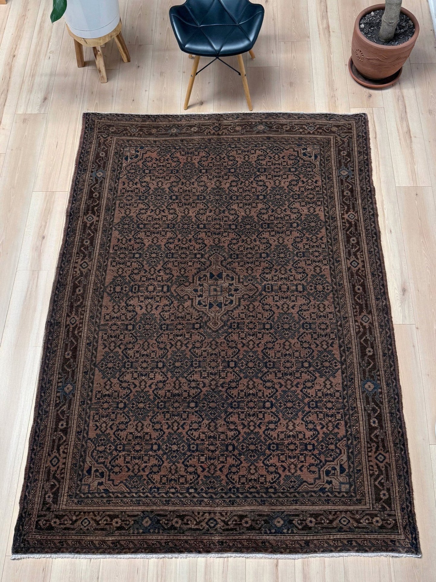 Vintage Persian Malayer overdyed rug in espresso brown with tonal geometric pattern, distressed handmade wool area rug 5x7 from Indigo Rugs Burlingame Bay Area.