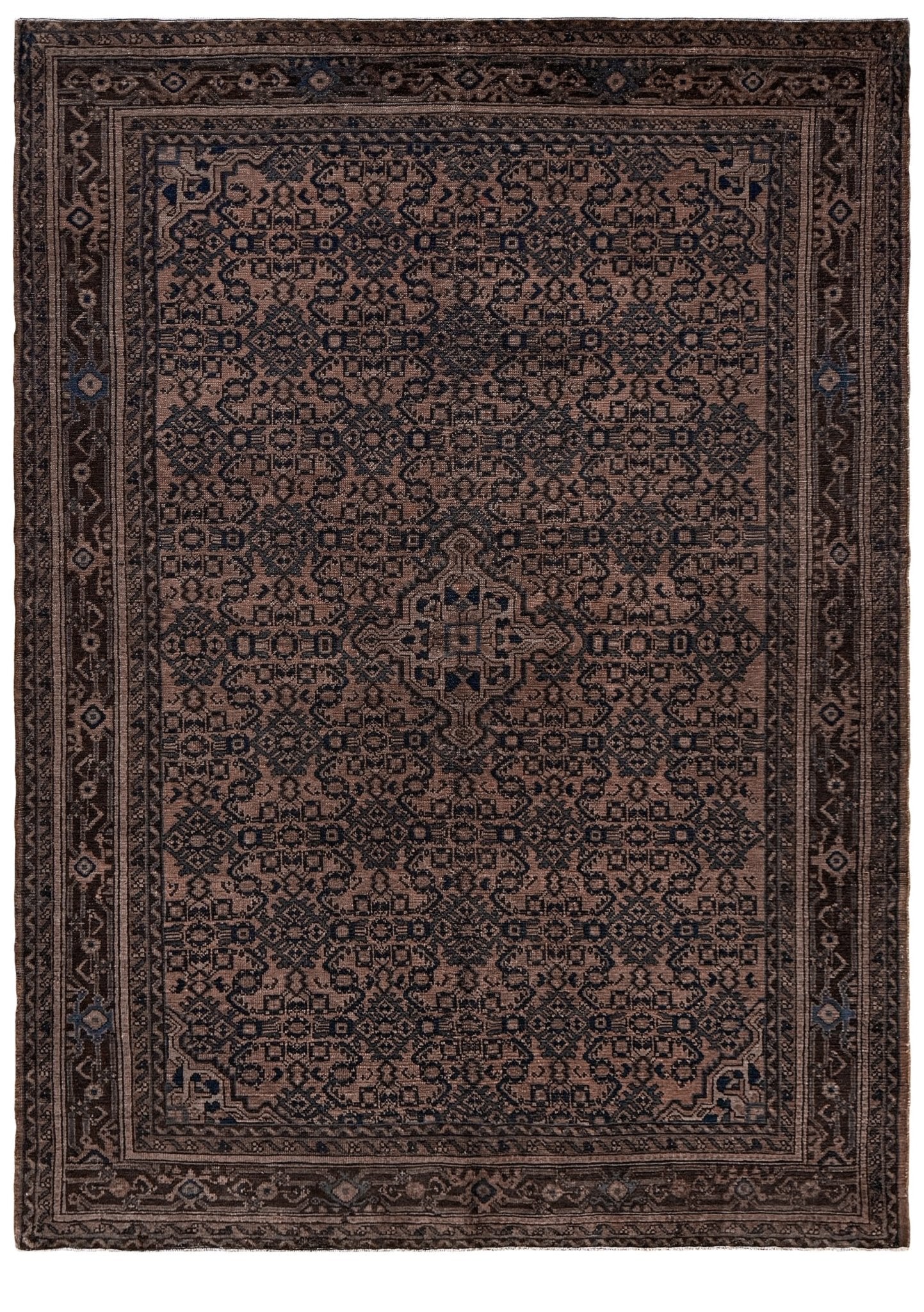 Vintage Persian Malayer overdyed rug in espresso brown with tonal geometric pattern, distressed handmade wool area rug 5x7 from Indigo Rugs Burlingame Bay Area.
