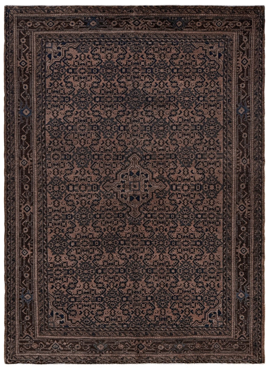 Vintage Persian Malayer overdyed rug in espresso brown with tonal geometric pattern, distressed handmade wool area rug 5x7 from Indigo Rugs Burlingame Bay Area.