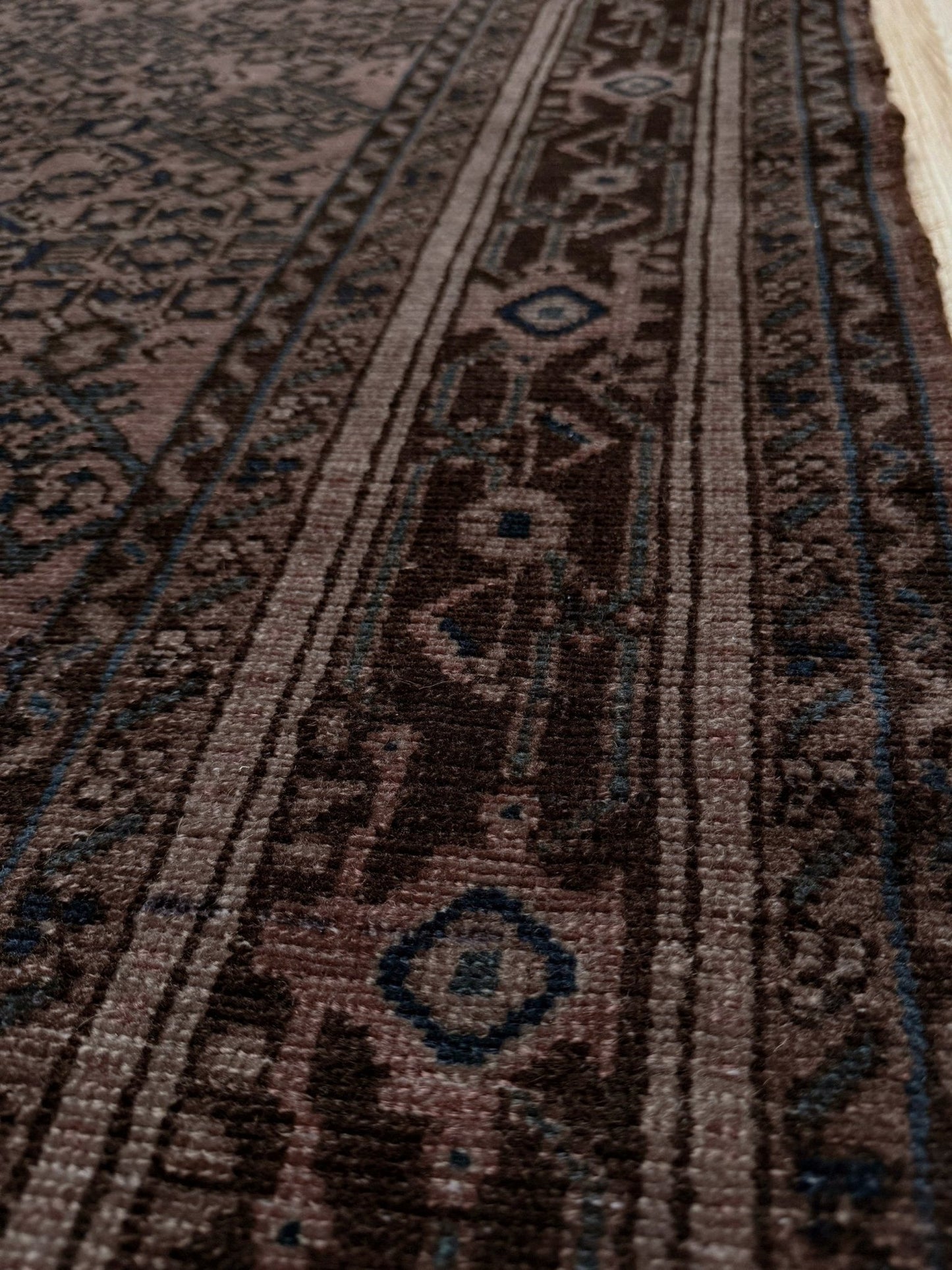 Vintage Persian Malayer overdyed rug in espresso brown with tonal geometric pattern, distressed handmade wool area rug 5'4x7'4 from Indigo Rugs Burlingame Bay Area.