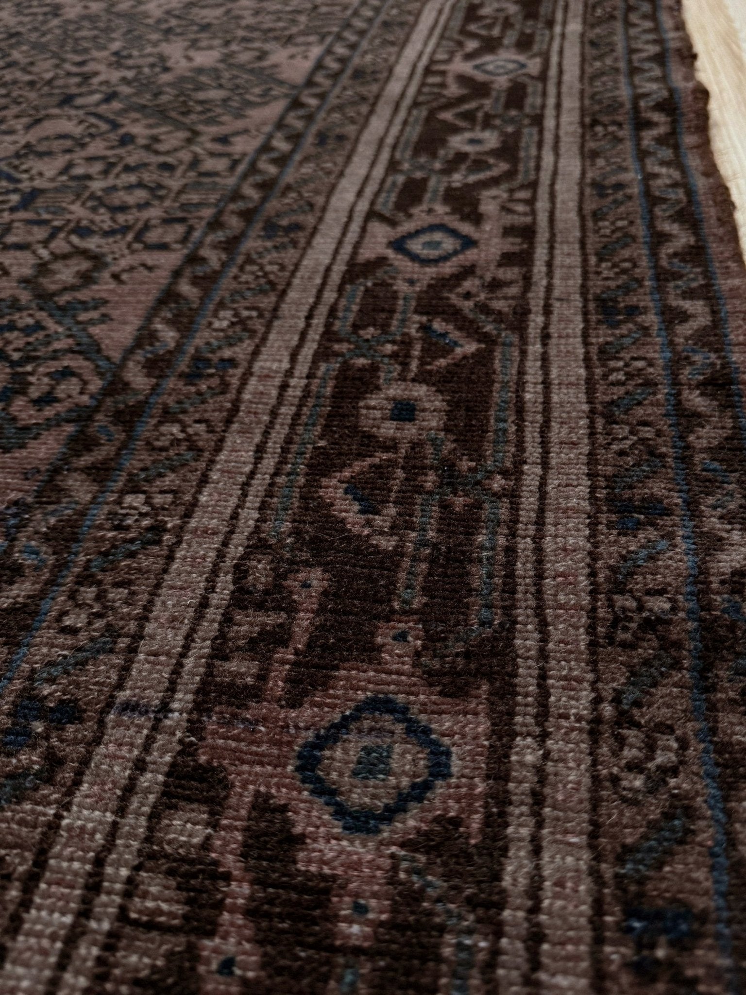 Vintage Persian Malayer overdyed rug in espresso brown with tonal geometric pattern, distressed handmade wool area rug 5'4x7'4 from Indigo Rugs Burlingame Bay Area.