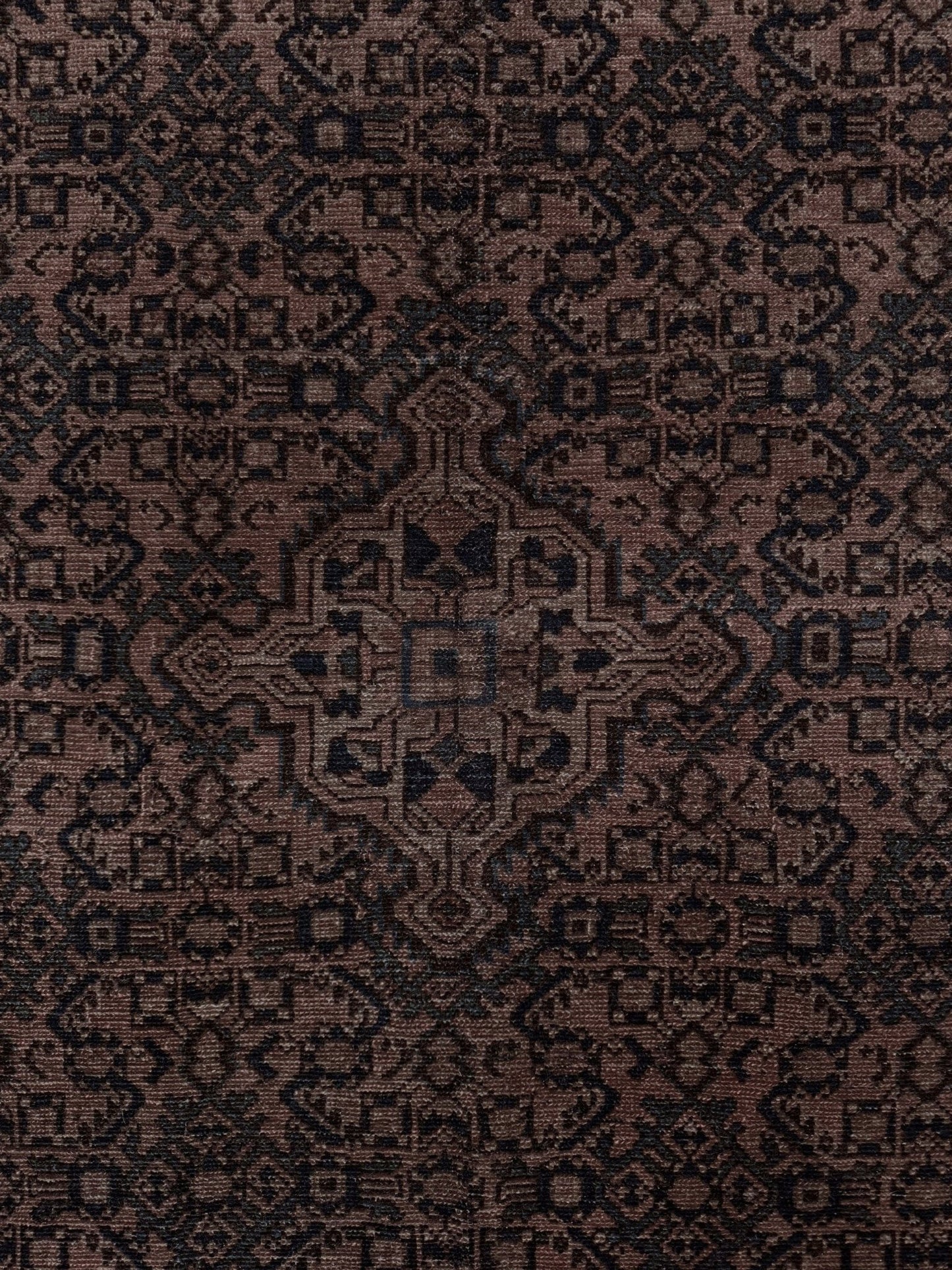 Vintage Persian Malayer overdyed rug in espresso brown with tonal geometric pattern, distressed handmade wool area rug 5'4x7'4 from Indigo Rugs Burlingame Bay Area.