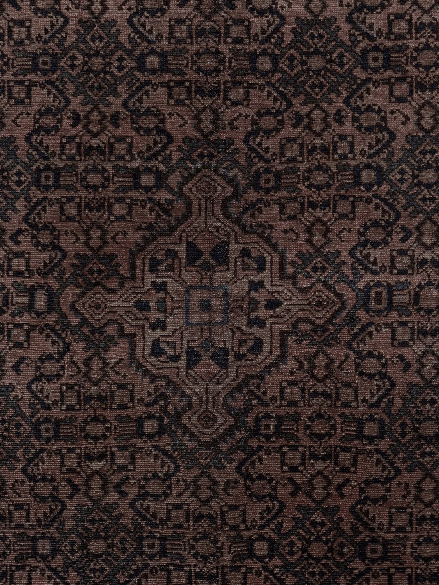 Vintage Persian Malayer overdyed rug in espresso brown with tonal geometric pattern, distressed handmade wool area rug 5'4x7'4 from Indigo Rugs Burlingame Bay Area.