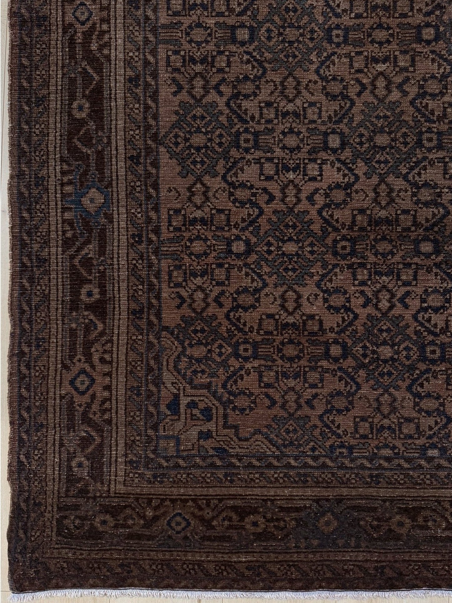 Vintage Persian Malayer overdyed rug in espresso brown with tonal geometric pattern, distressed handmade wool area rug 5x7 from Indigo Rugs Burlingame Bay Area.