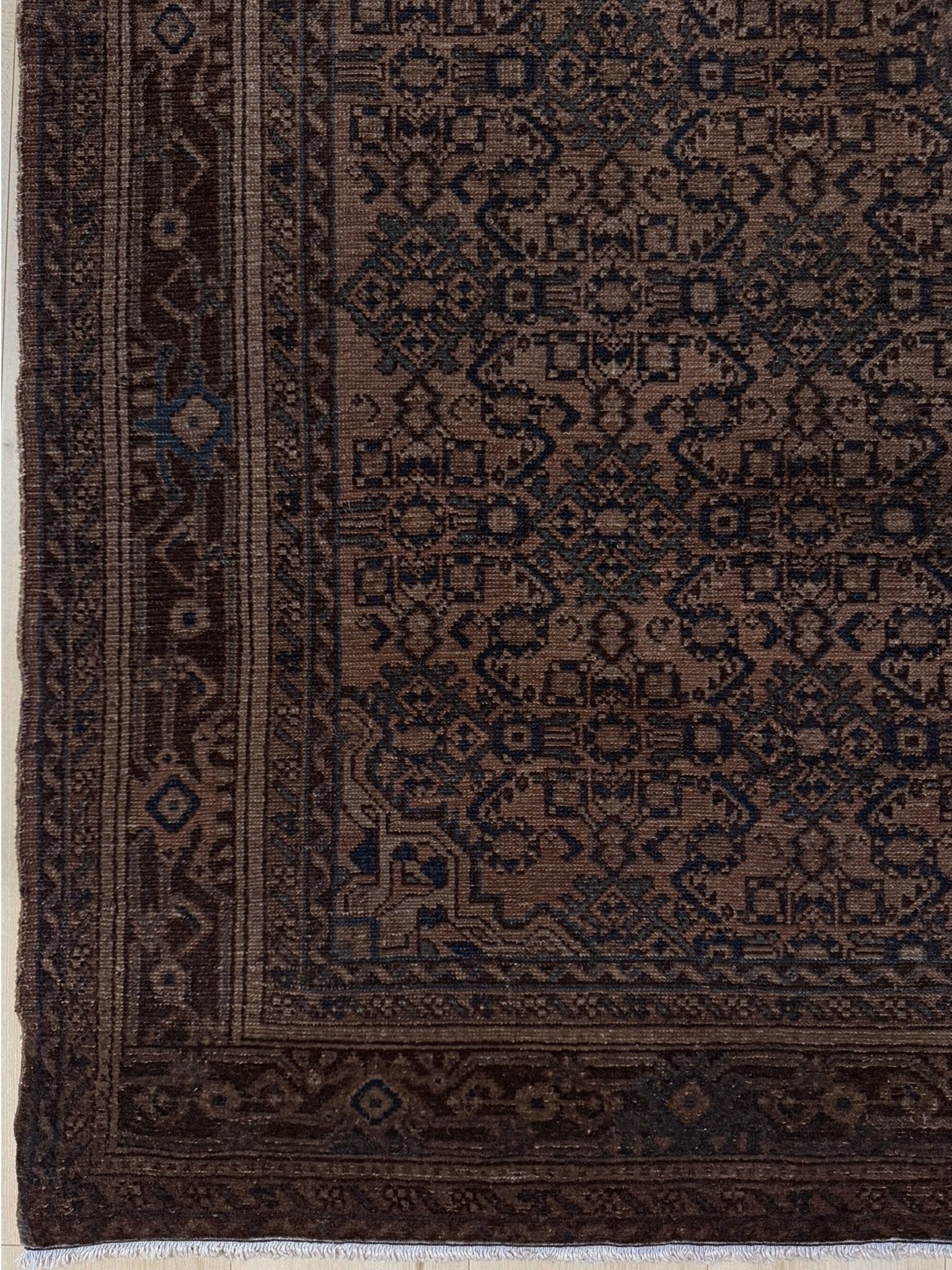 Vintage Persian Malayer overdyed rug in espresso brown with tonal geometric pattern, distressed handmade wool area rug 5x7 from Indigo Rugs Burlingame Bay Area.
