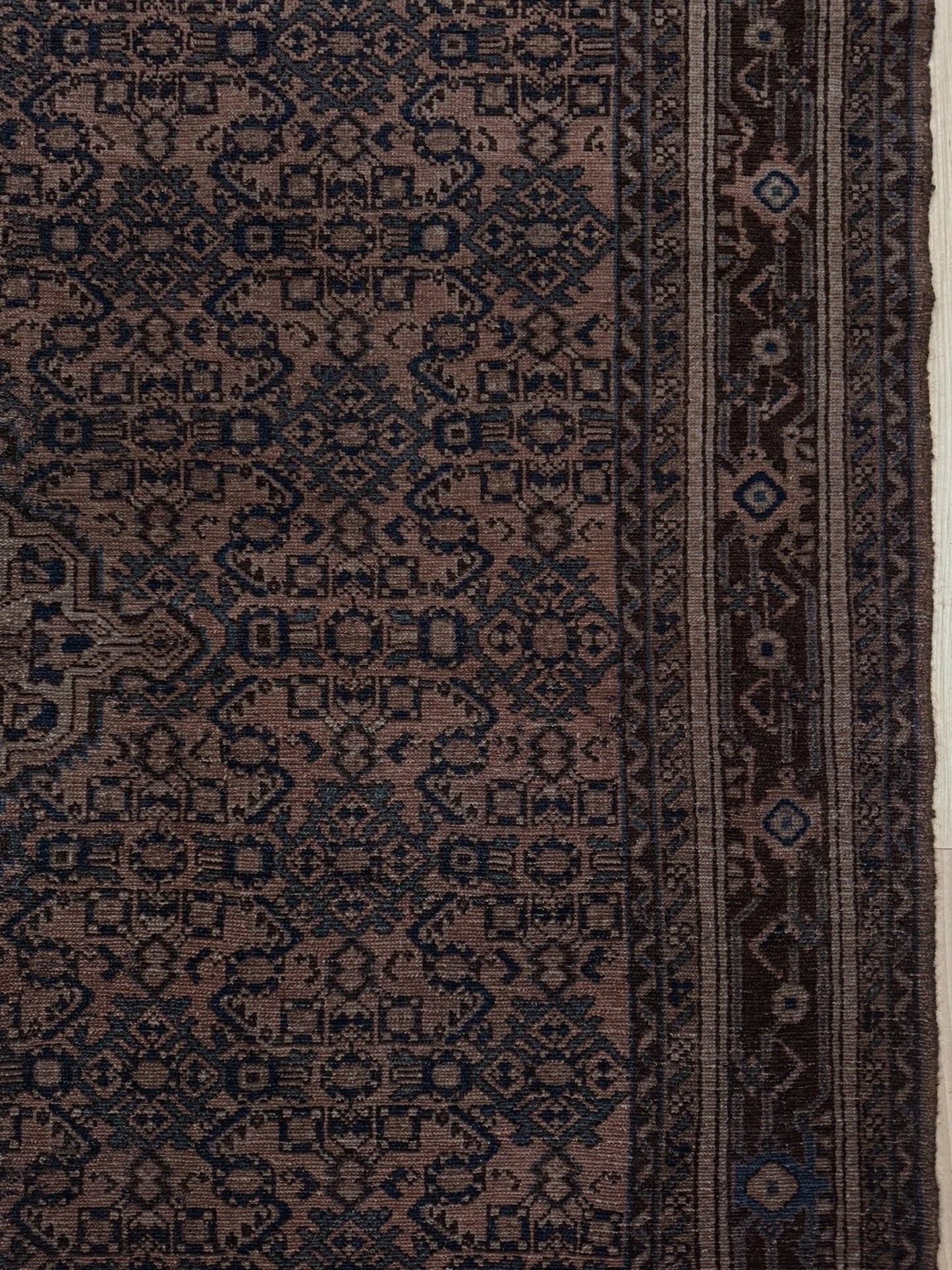 Vintage Persian Malayer overdyed rug in espresso brown with tonal geometric pattern, distressed handmade wool area rug 5'4x7'4 from Indigo Rugs Burlingame Bay Area.