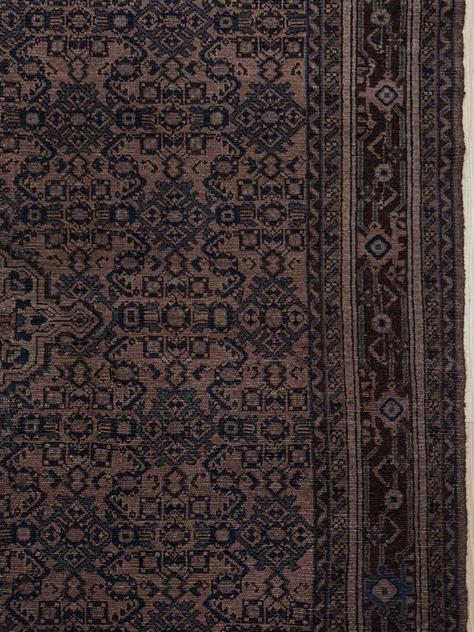 Vintage Persian Malayer overdyed rug in espresso brown with tonal geometric pattern, distressed handmade wool area rug 5'4x7'4 from Indigo Rugs Burlingame Bay Area.