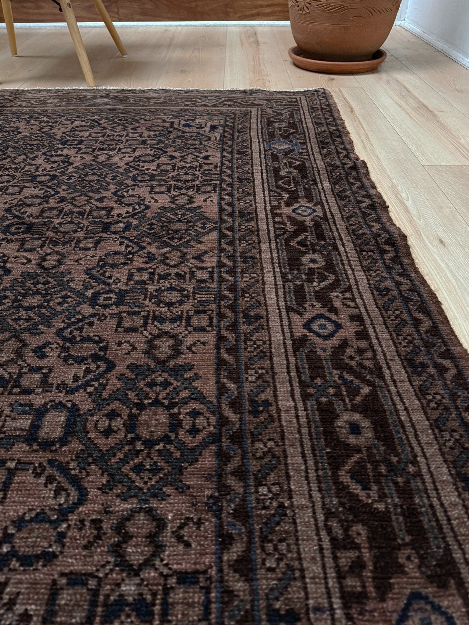 Vintage Persian Malayer overdyed rug in espresso brown with tonal geometric pattern, distressed handmade wool area rug 5'4x7'4 from Indigo Rugs Burlingame Bay Area.