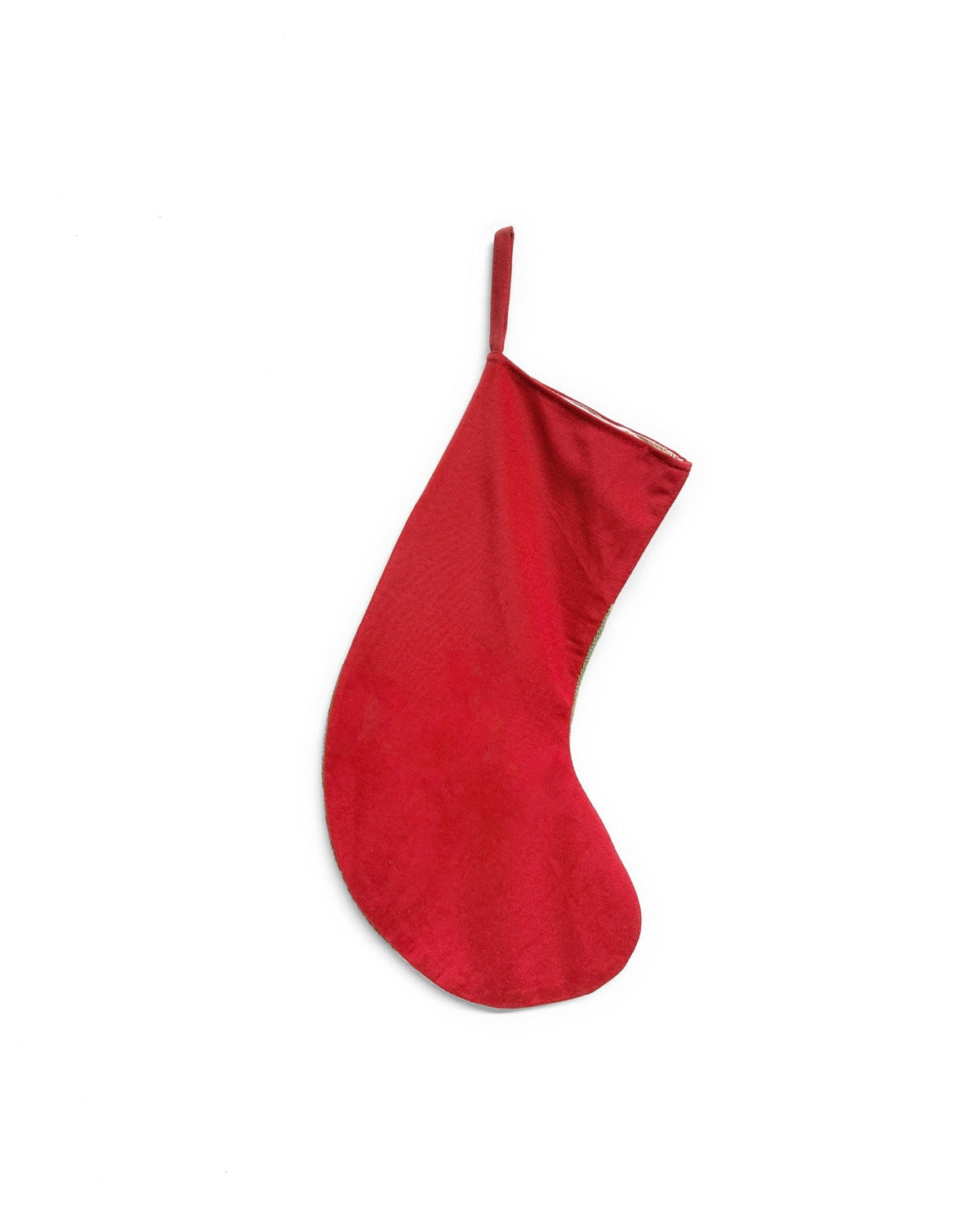 A single red Christmas stocking with a hanging loop, shown against a plain white background.