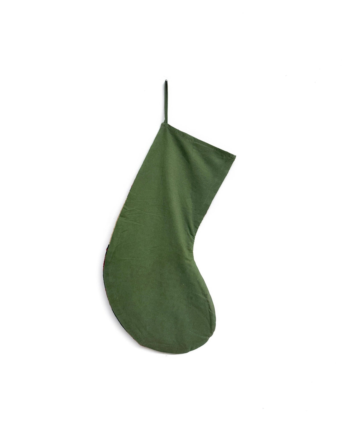 A handwoven Kilim Christmas stocking with a solid olive green cuff and a striped body featuring brown, beige, and red woven patterns, shown against a plain white background.