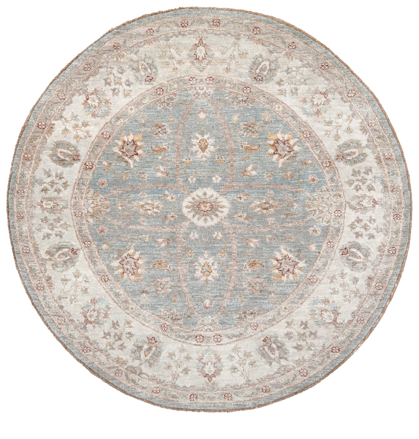 Pale blue round Turkish Oushak rug with ivory, sand beige, taupe, dusty rose floral details, handmade wool 5x5 round area rug from Indigo Rugs Burlingame Bay Area.