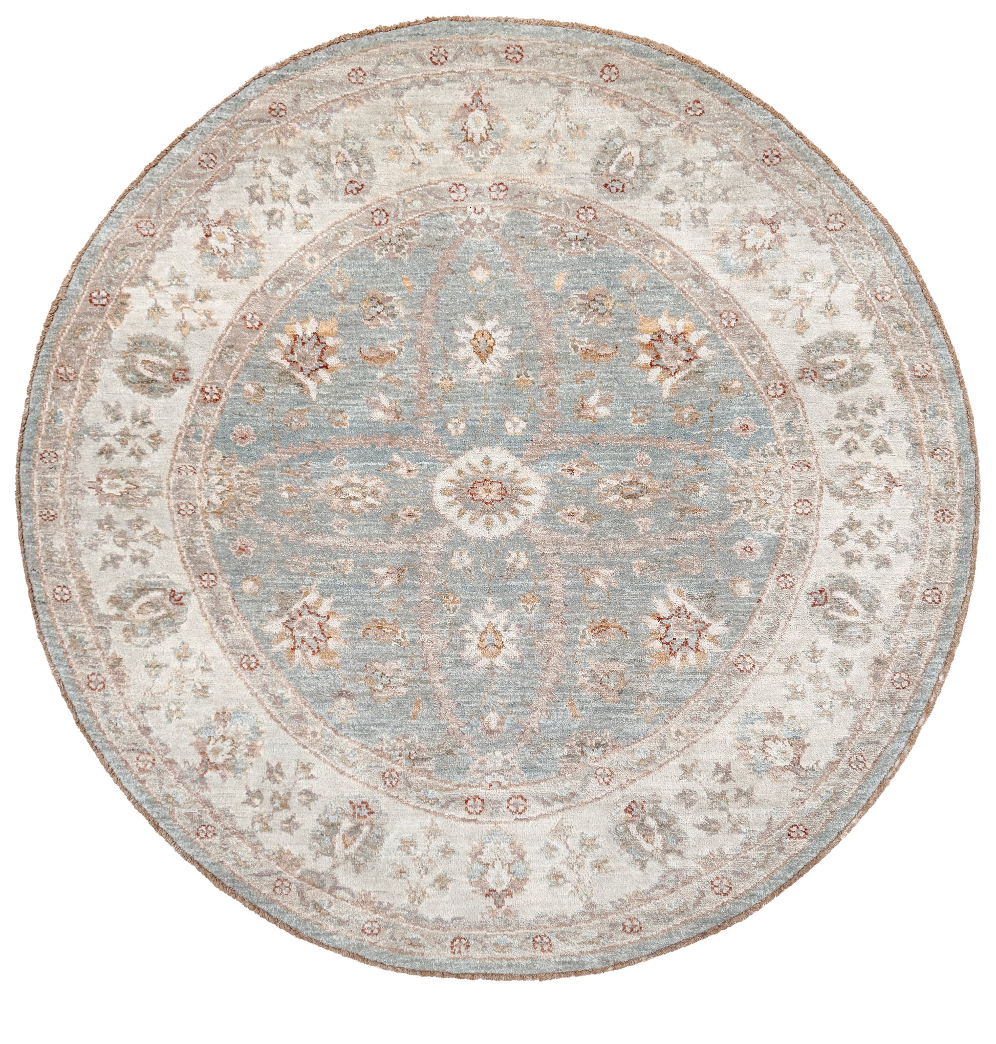 Pale blue round Turkish Oushak rug with ivory, sand beige, taupe, dusty rose floral details, handmade wool 5x5 round area rug from Indigo Rugs Burlingame Bay Area.
