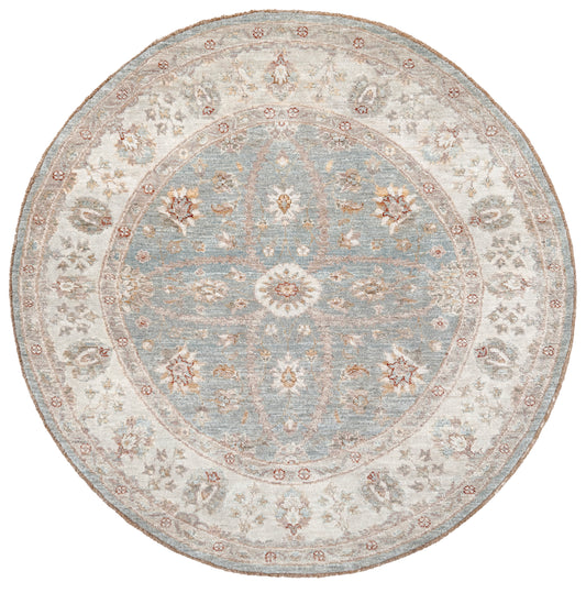 Pale blue round Turkish Oushak rug with ivory, sand beige, taupe, dusty rose floral details, handmade wool 5x5 round area rug from Indigo Rugs Burlingame Bay Area.