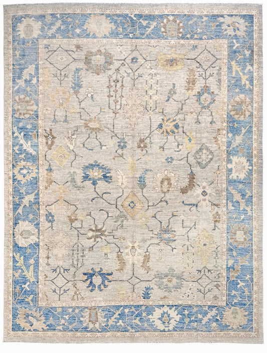 Soft Ivory Oushak Turkish Rug • Transitional Handmade Wool Rug (9'3" x 12')