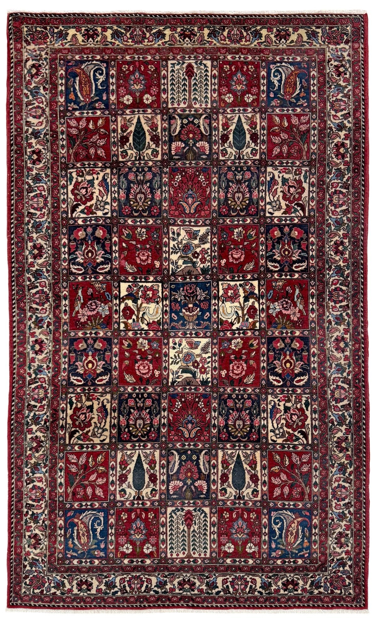 Vintage Persian Bakhtiari rug wit red field, navy garden panels, ivory details, and intricate floral motifs, handmade wool area rug 5x8 from Indigo Rugs Burlingame SF Bay Area
