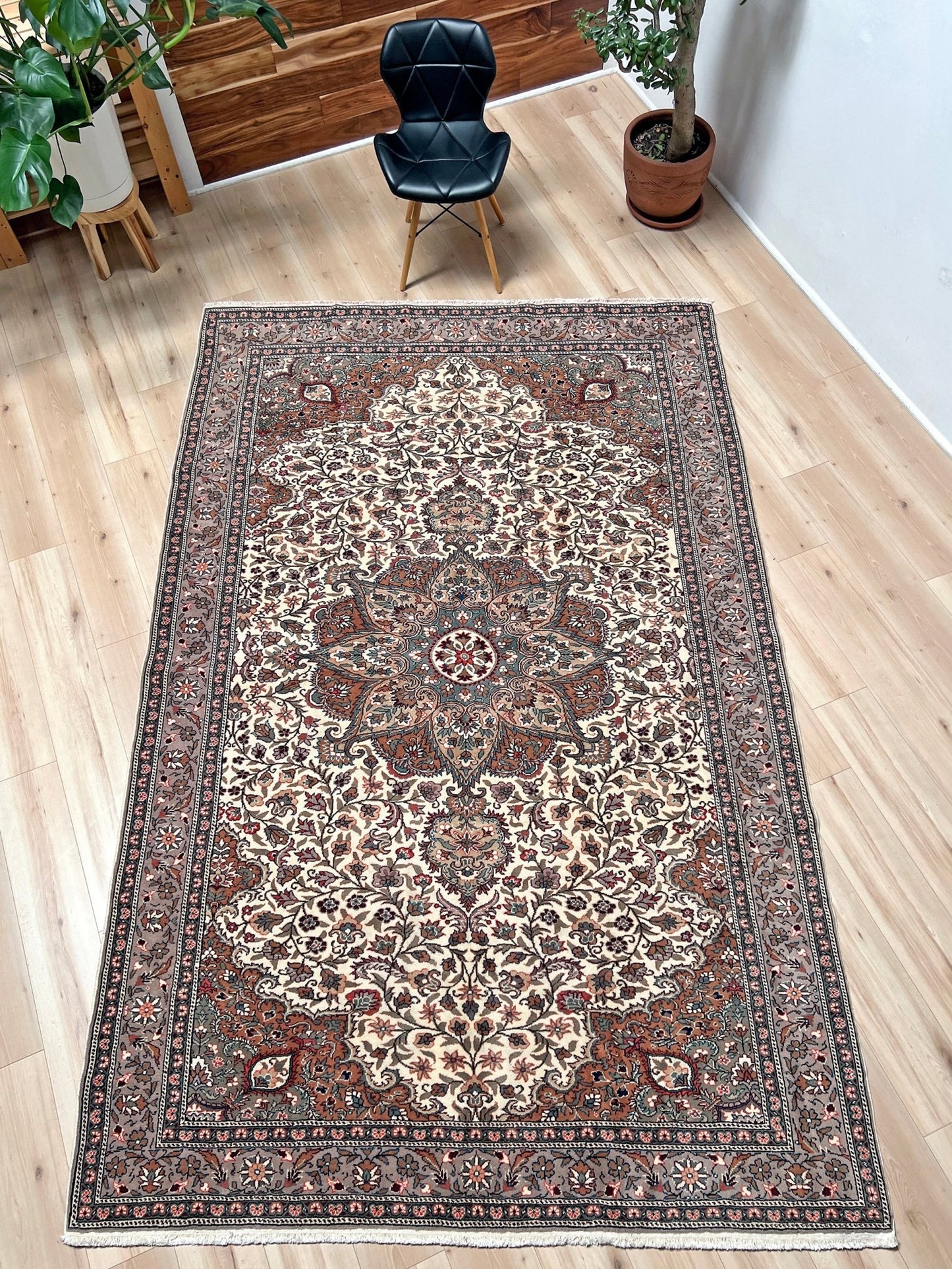 Neutral floral handmade turkish area rug 6x9 wool oriental carpet for living room bedroom 