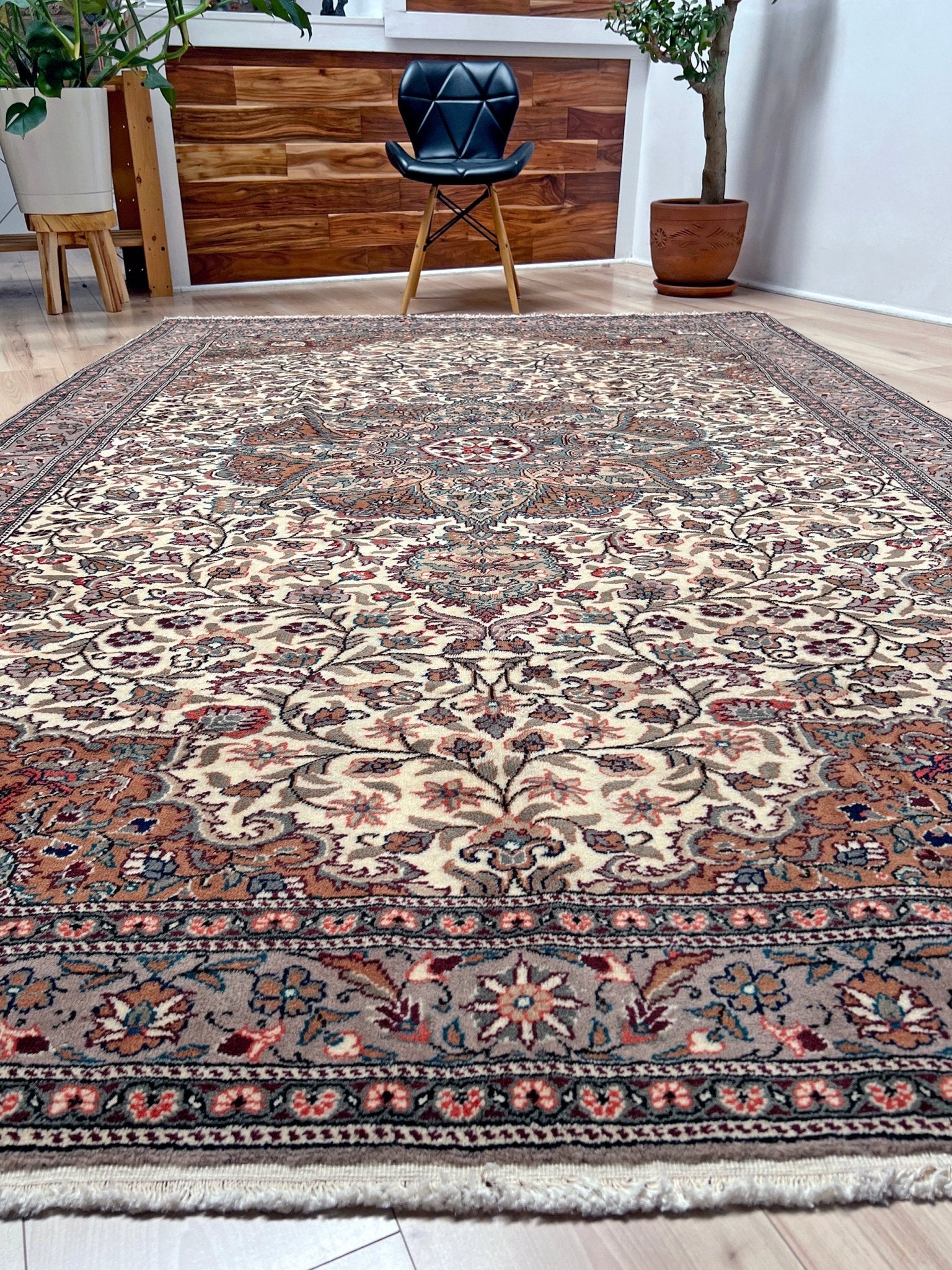 Neutral floral handmade turkish area rug 6x9 wool oriental carpet for living room bedroom 