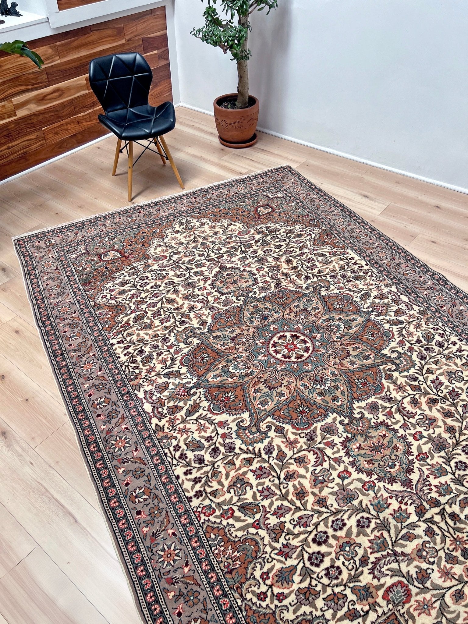 Neutral floral handmade turkish area rug 6x9 wool oriental carpet for living room bedroom 