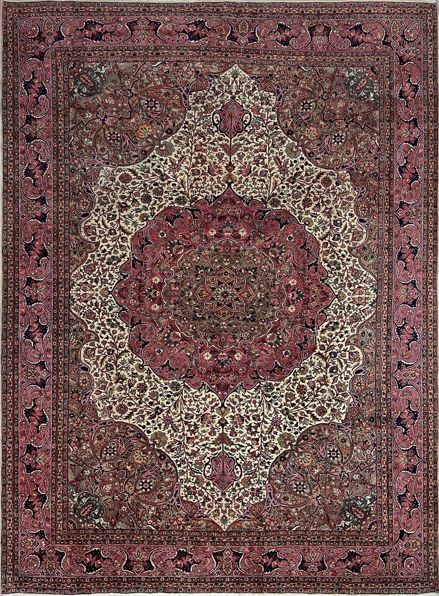 Pink and brown vintage Kayseri Turkish rug, a luxurious 9x12 handmade wool carpet with an intricate floral pattern, available in the San Francisco Bay Area rug shop with free shipping. Perfect for enhancing the elegance of living rooms, bedrooms, dining areas, or offices with its unique handcrafted design.