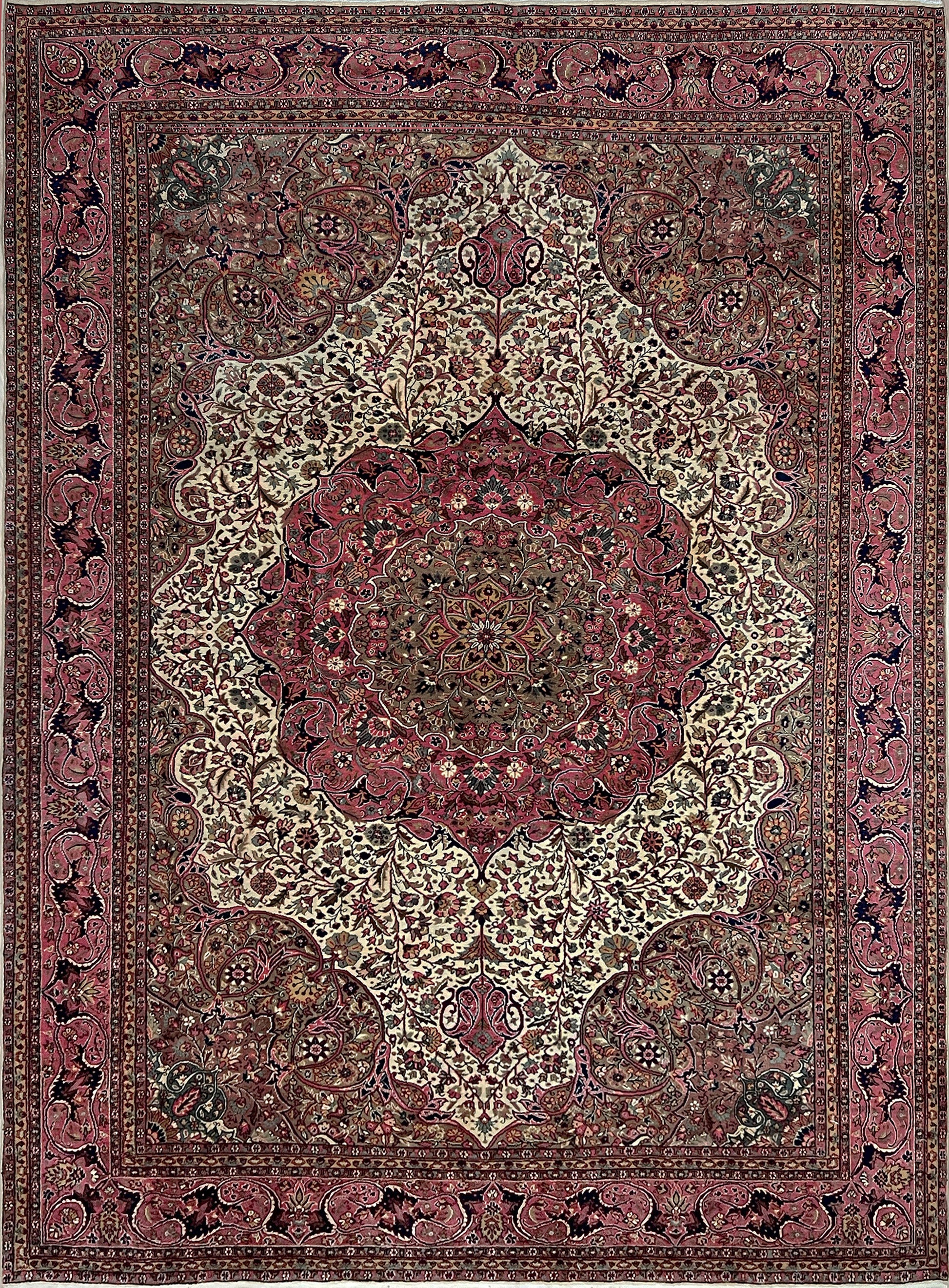 Pink and brown vintage Kayseri Turkish rug, a luxurious 9x12 handmade wool carpet with an intricate floral pattern, available in the San Francisco Bay Area rug shop with free shipping. Perfect for enhancing the elegance of living rooms, bedrooms, dining areas, or offices with its unique handcrafted design.