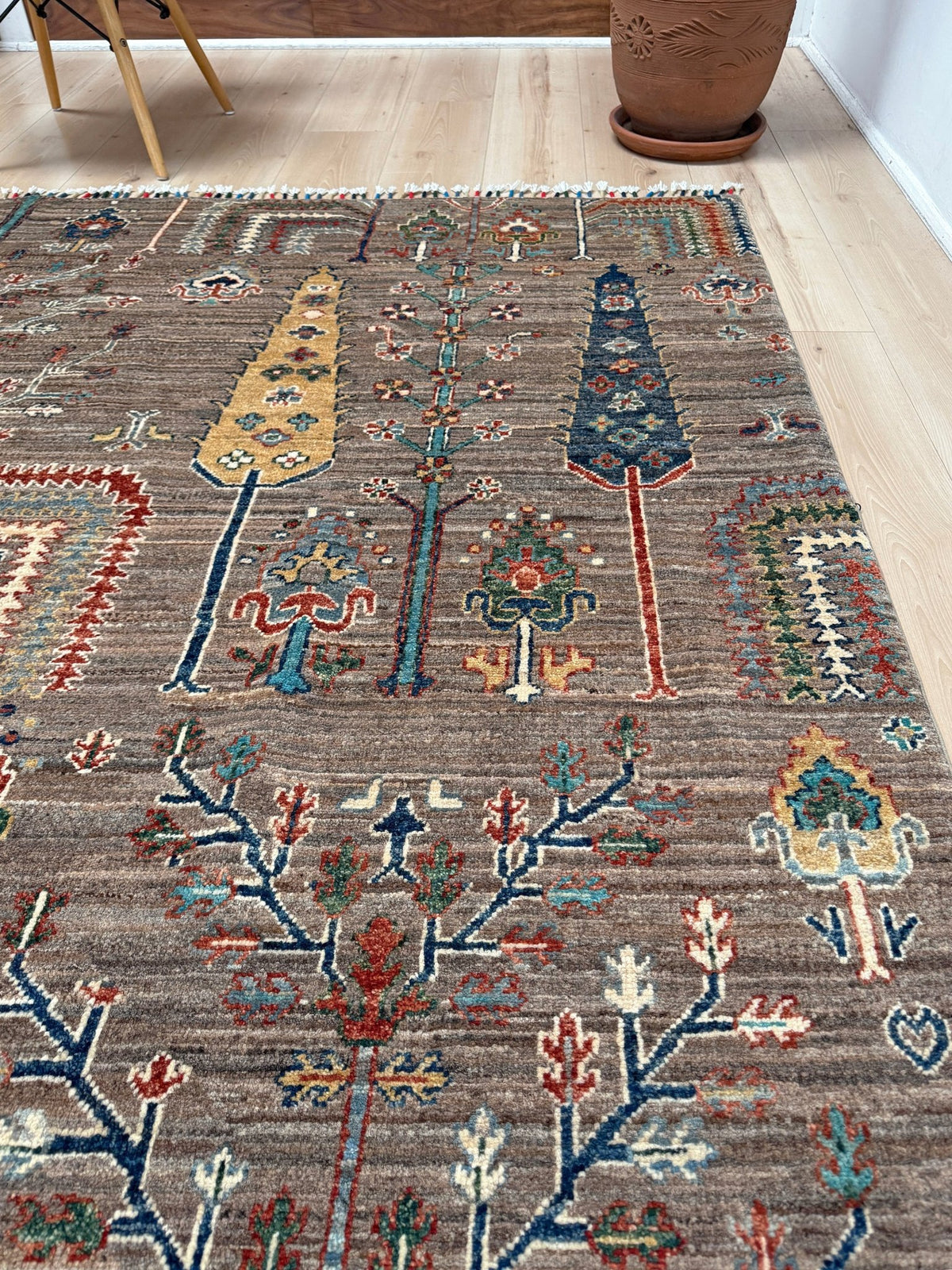 8x10 Taupe Tree of Life Turkish rug with borderless floral garden design, stylized trees, handmade wool from Indigo Rugs Burlingame Bay Area.
