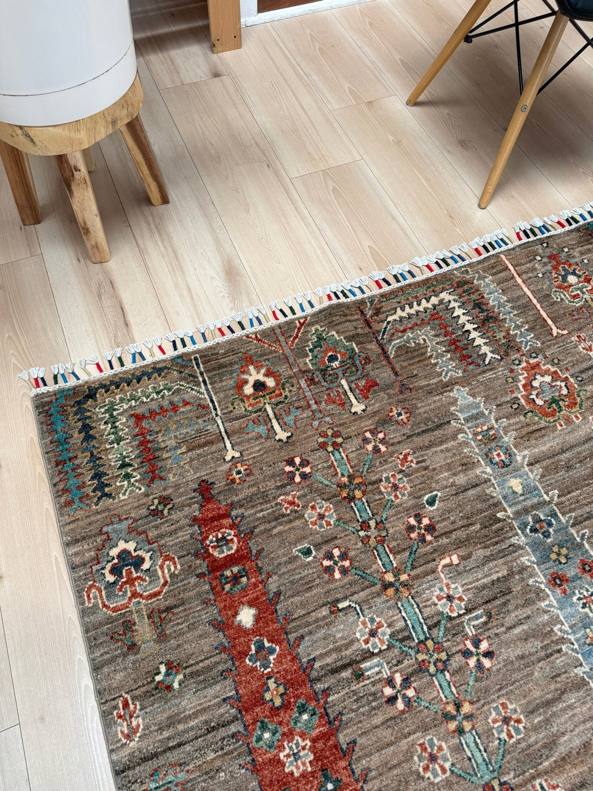 8x10 Taupe Tree of Life Turkish rug with borderless floral garden design, stylized trees, handmade wool from Indigo Rugs Burlingame Bay Area.