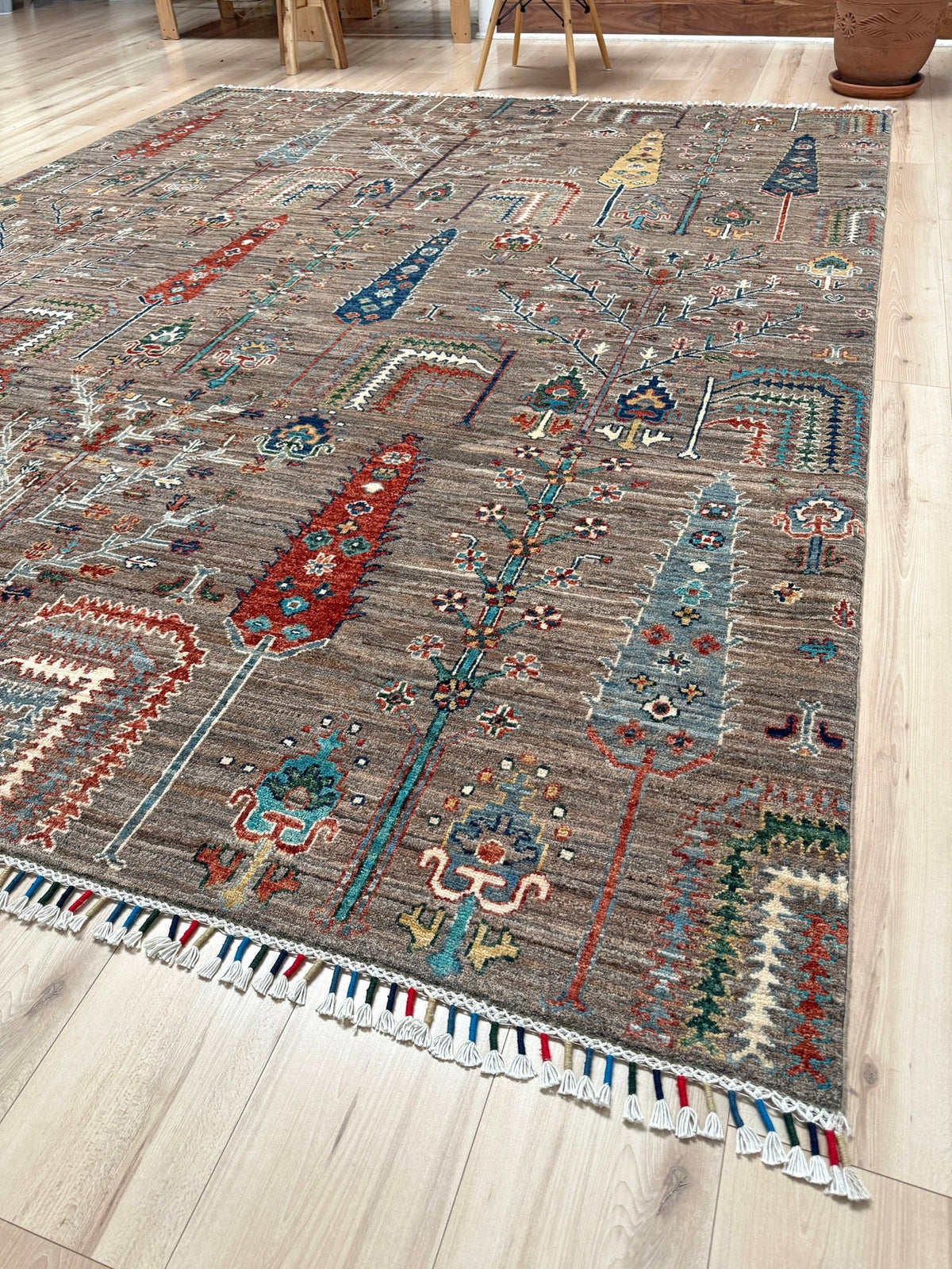 8x10 Taupe Tree of Life Turkish rug with borderless floral garden design, stylized trees, handmade wool from Indigo Rugs Burlingame Bay Area.