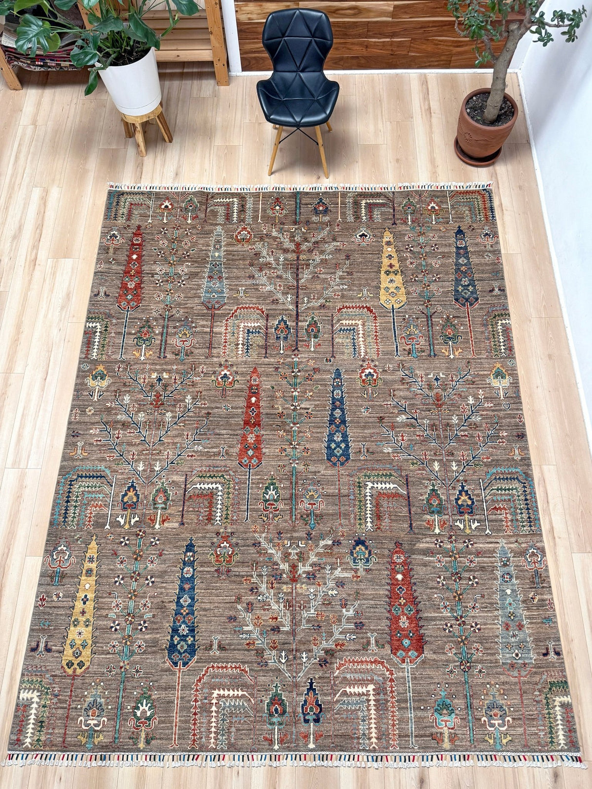 8x10 Taupe Tree of Life Turkish rug with borderless floral garden design, stylized trees, handmade wool from Indigo Rugs Burlingame Bay Area.