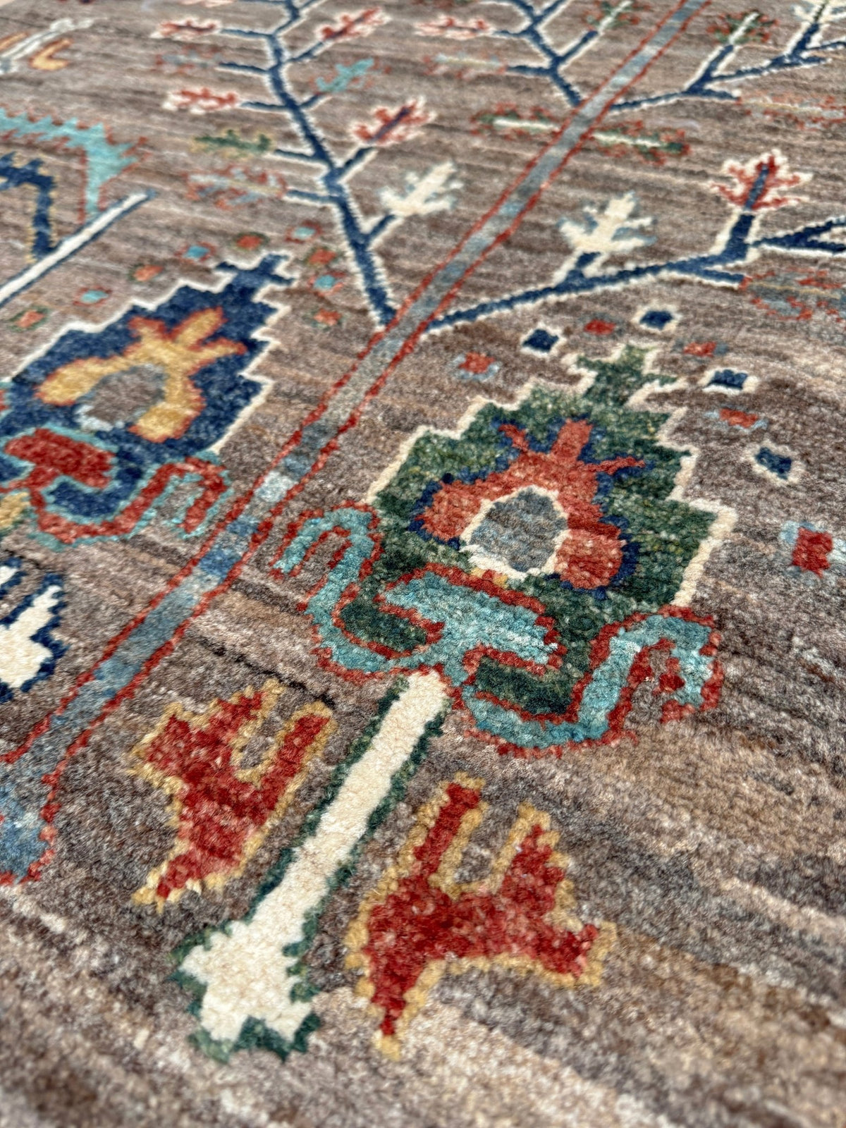 8x10 Taupe Tree of Life Turkish rug with borderless floral garden design, stylized trees, handmade wool from Indigo Rugs Burlingame Bay Area.