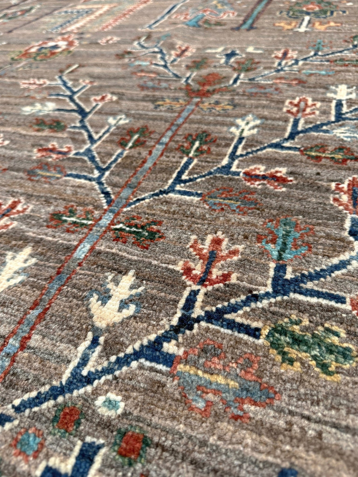 8x10 Taupe Tree of Life Turkish rug with borderless floral garden design, stylized trees, handmade wool from Indigo Rugs Burlingame Bay Area.