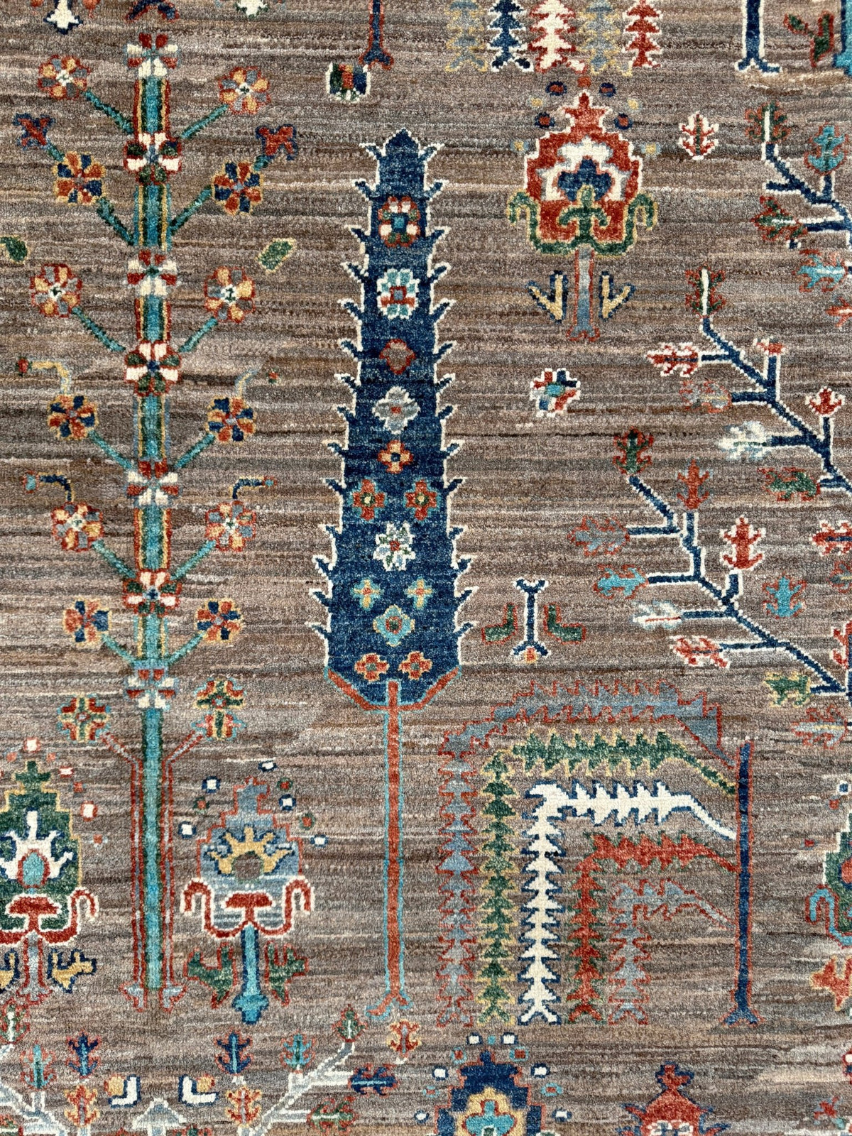 8x10 Taupe Tree of Life Turkish rug with borderless floral garden design, stylized trees, handmade wool from Indigo Rugs Burlingame Bay Area.