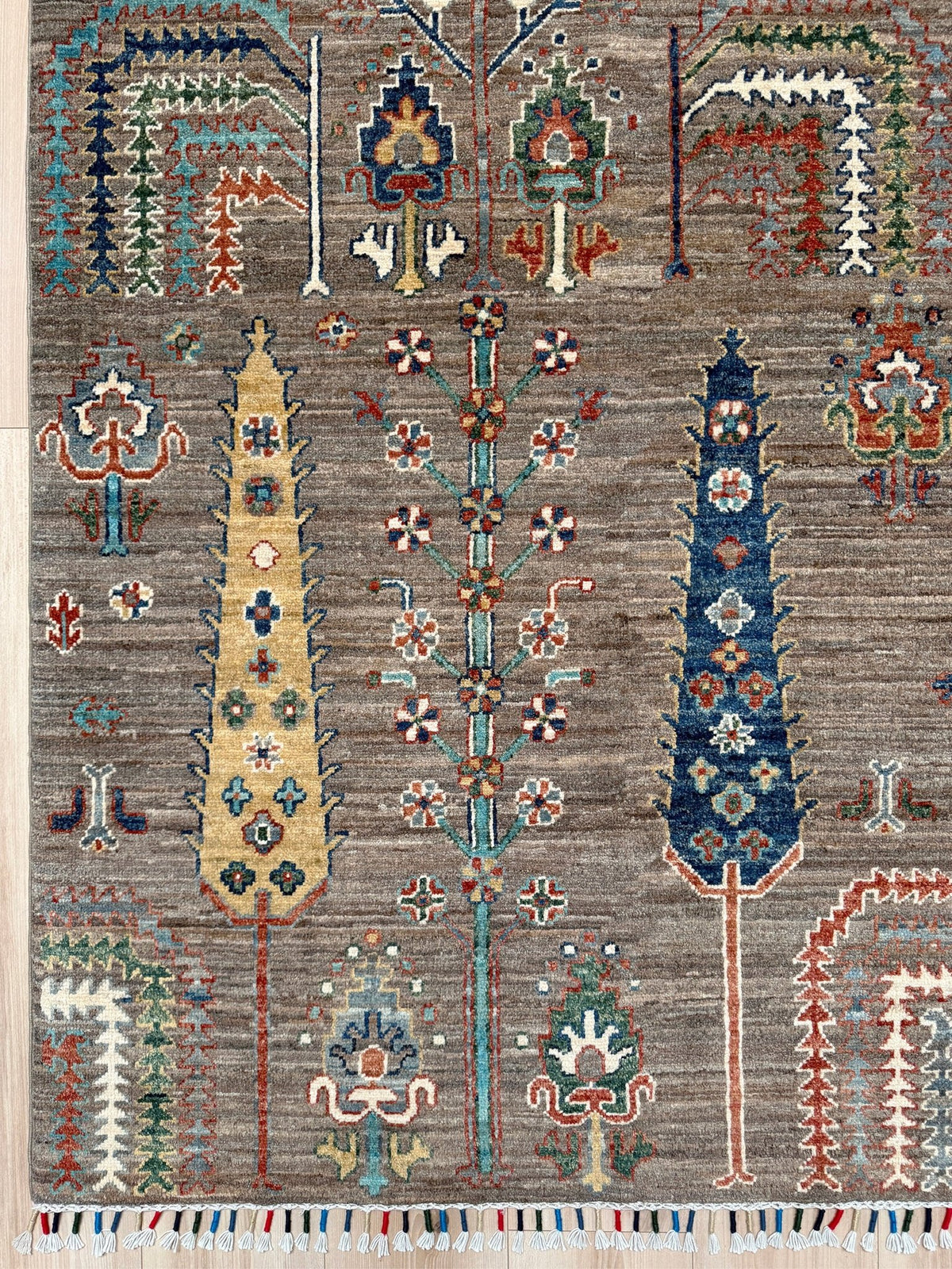 8x10 Taupe Tree of Life Turkish rug with borderless floral garden design, stylized trees, handmade wool from Indigo Rugs Burlingame Bay Area.