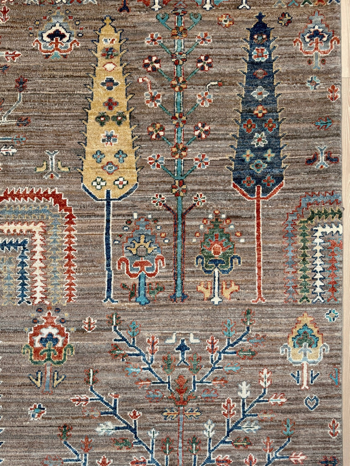 8x10 Taupe Tree of Life Turkish rug with borderless floral garden design, stylized trees, handmade wool from Indigo Rugs Burlingame Bay Area.