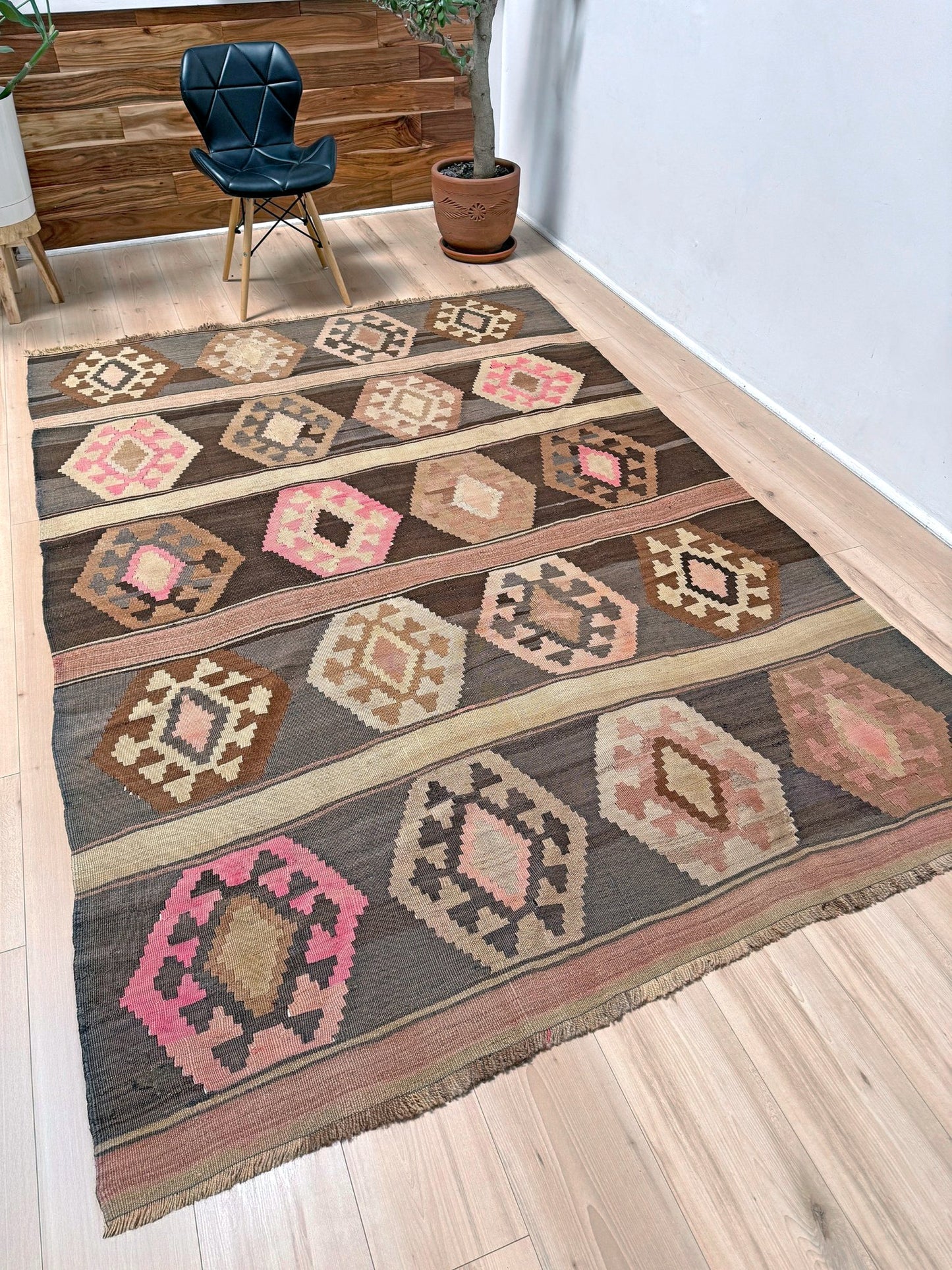 6x9 vintage Kurdish kilim rug handmade wool flatweave from Kars, Turkey, geometric tribal design in earthy browns, soft pinks, and charcoal gray, perfect for bedroom, living room, kitchen, or study, available from best rug shop in San Mateo SF Bay Area with free shipping.