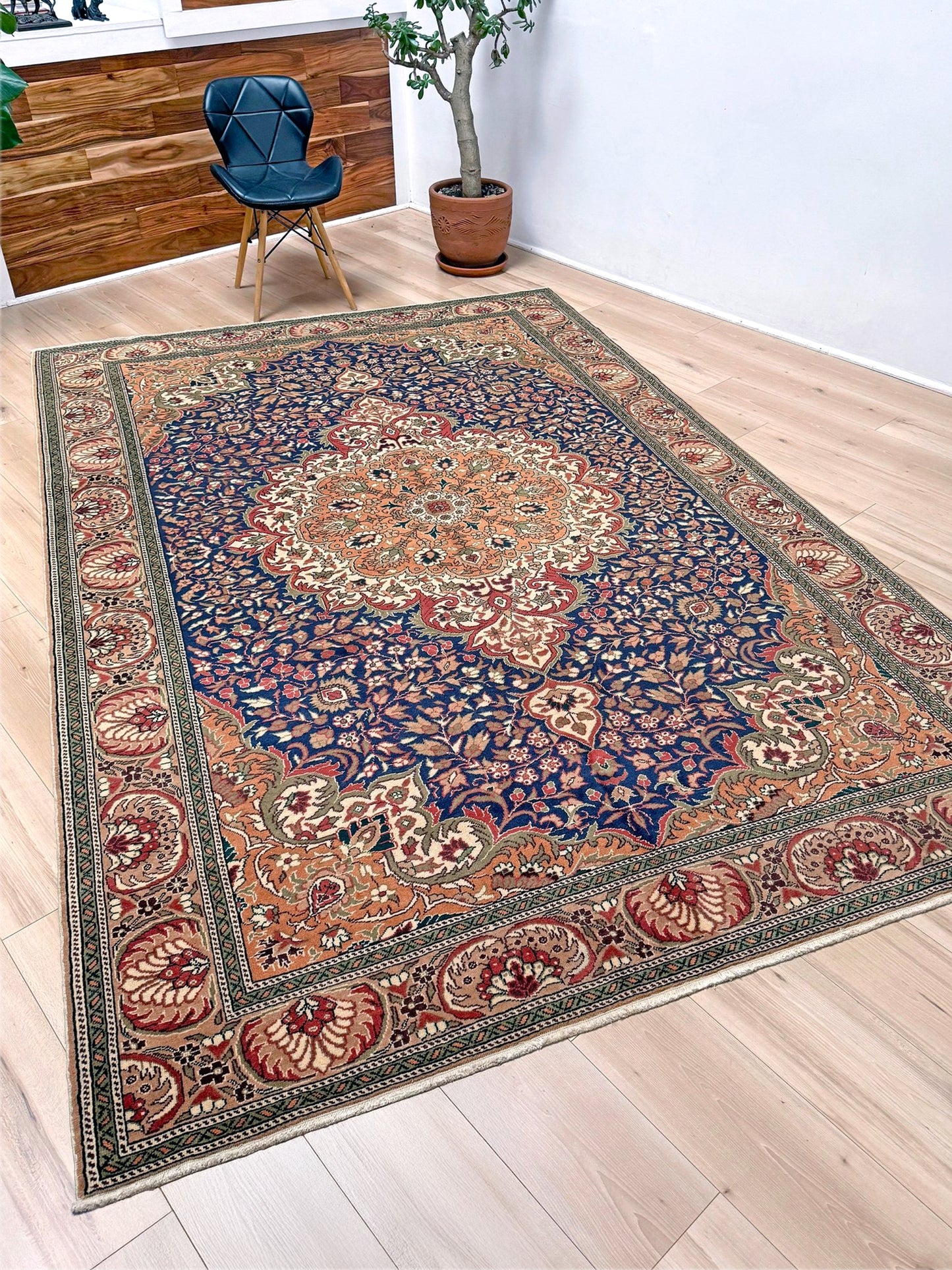 6x9 handmade Turkish rug with classic floral medallion design in navy blue, terracotta, and ivory hues – perfect for bedroom, living room, or dining area. Vintage-style area rug from the best rug shop in San Mateo, SF Bay Area with free shipping.