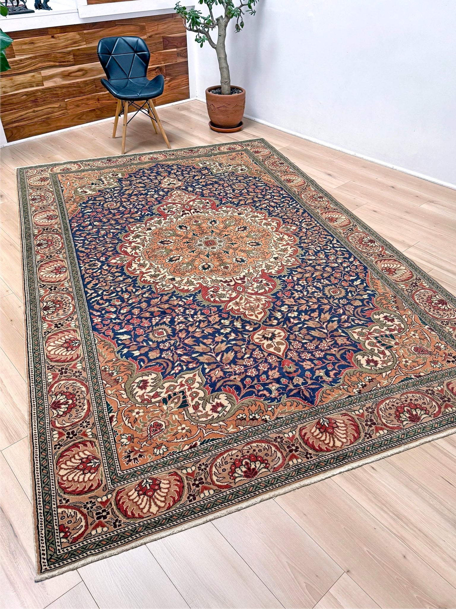 6x9 handmade Turkish rug with classic floral medallion design in navy blue, terracotta, and ivory hues – perfect for bedroom, living room, or dining area. Vintage-style area rug from the best rug shop in San Mateo, SF Bay Area with free shipping.