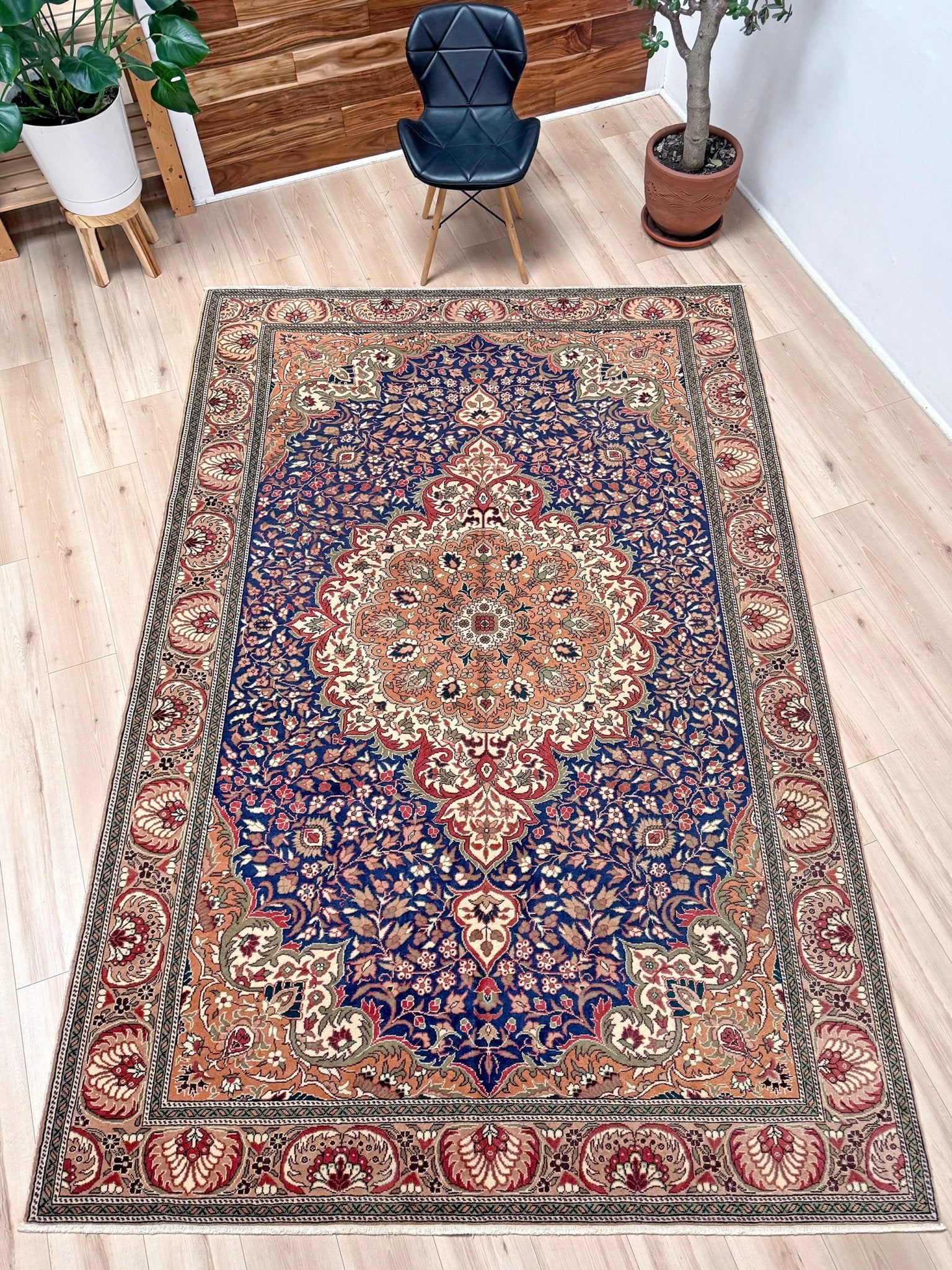 6x9 handmade Turkish rug with classic floral medallion design in navy blue, terracotta, and ivory hues – perfect for bedroom, living room, or dining area. Vintage-style area rug from the best rug shop in San Mateo, SF Bay Area with free shipping.