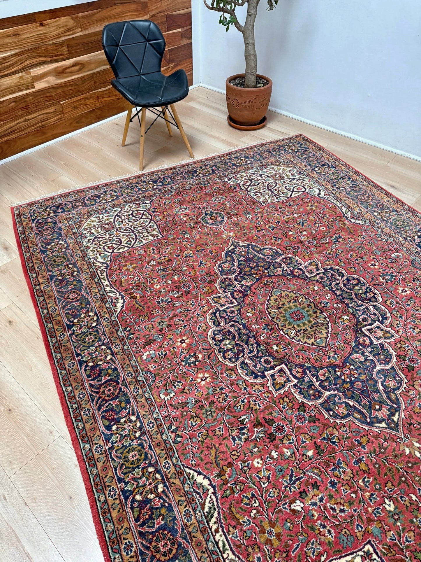 6x9 handmade Turkish rug with classic floral design in raspberry red and navy, perfect for bedroom, living room, or dining space – vintage rug with rich character from best rug shop in San Mateo, SF Bay Area, free shipping.