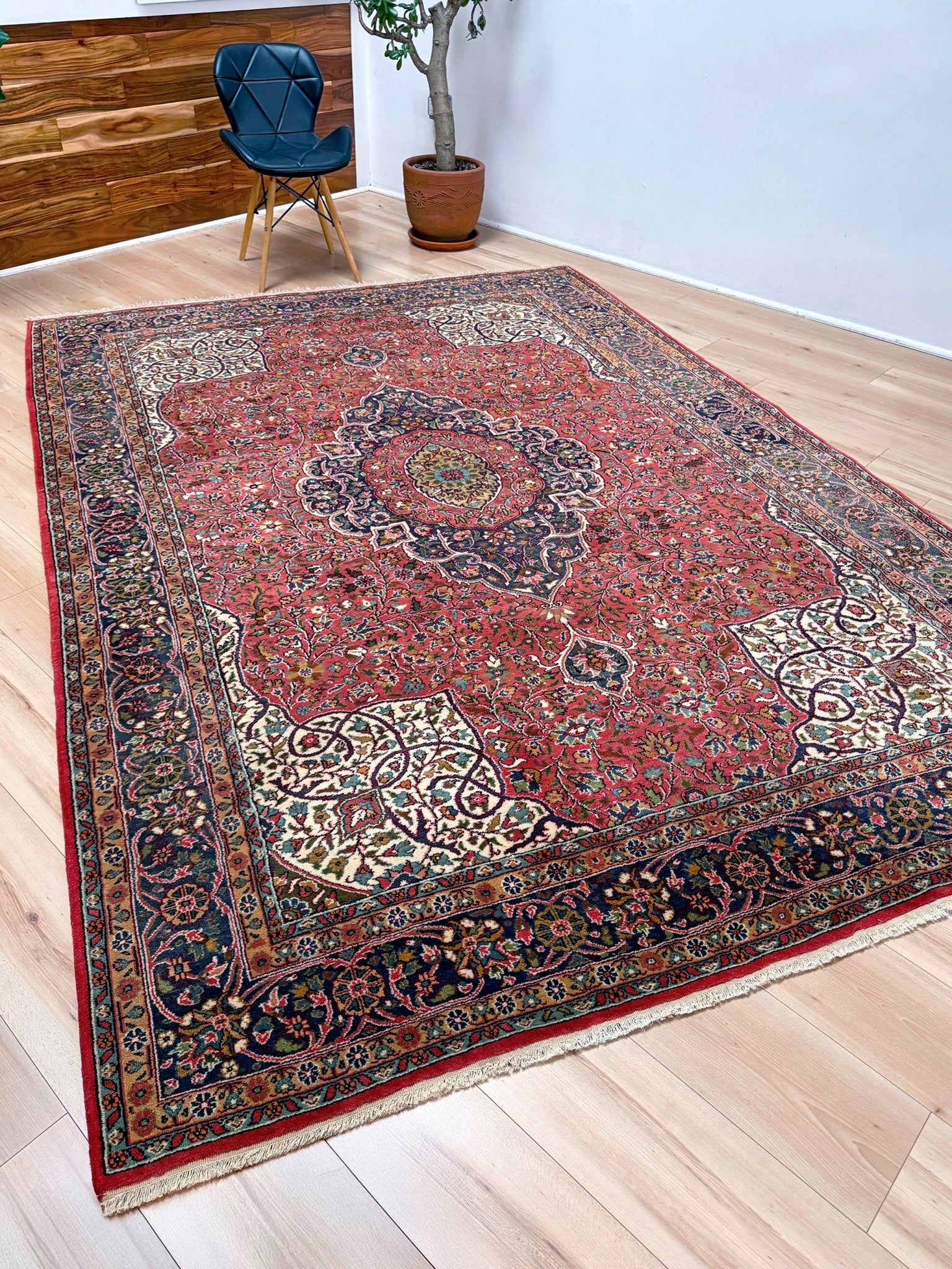 6x9 handmade Turkish rug with classic floral design in raspberry red and navy, perfect for bedroom, living room, or dining space – vintage rug with rich character from best rug shop in San Mateo, SF Bay Area, free shipping.