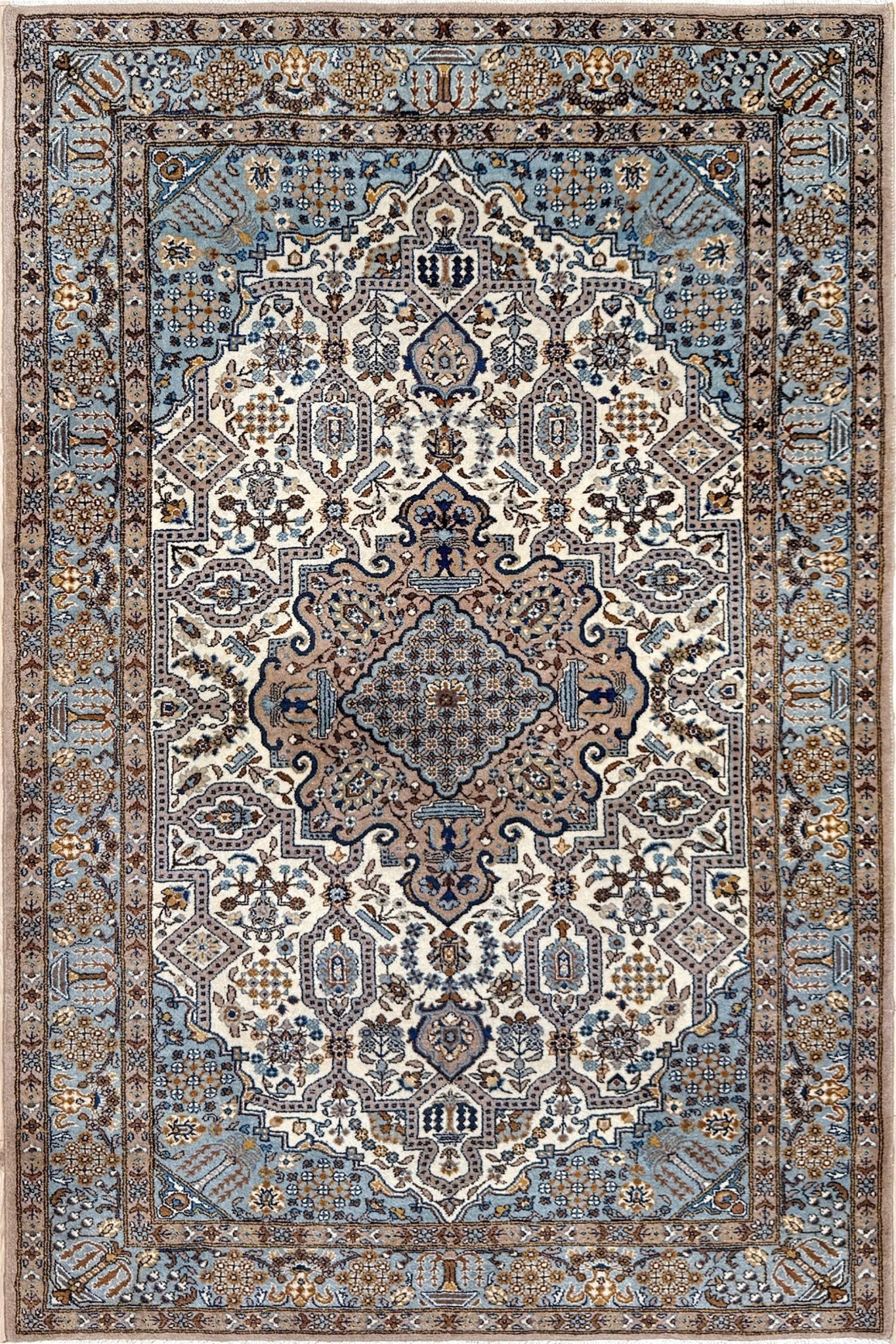 Top quality 3x5 Persian Tabriz scatter accent rug from best rug shop San Mateo SF Bay Area, handmade with sky blue, ivory, and taupe hues, perfect for bedroom, living room, or kitchen, durable and full of character, free shipping.