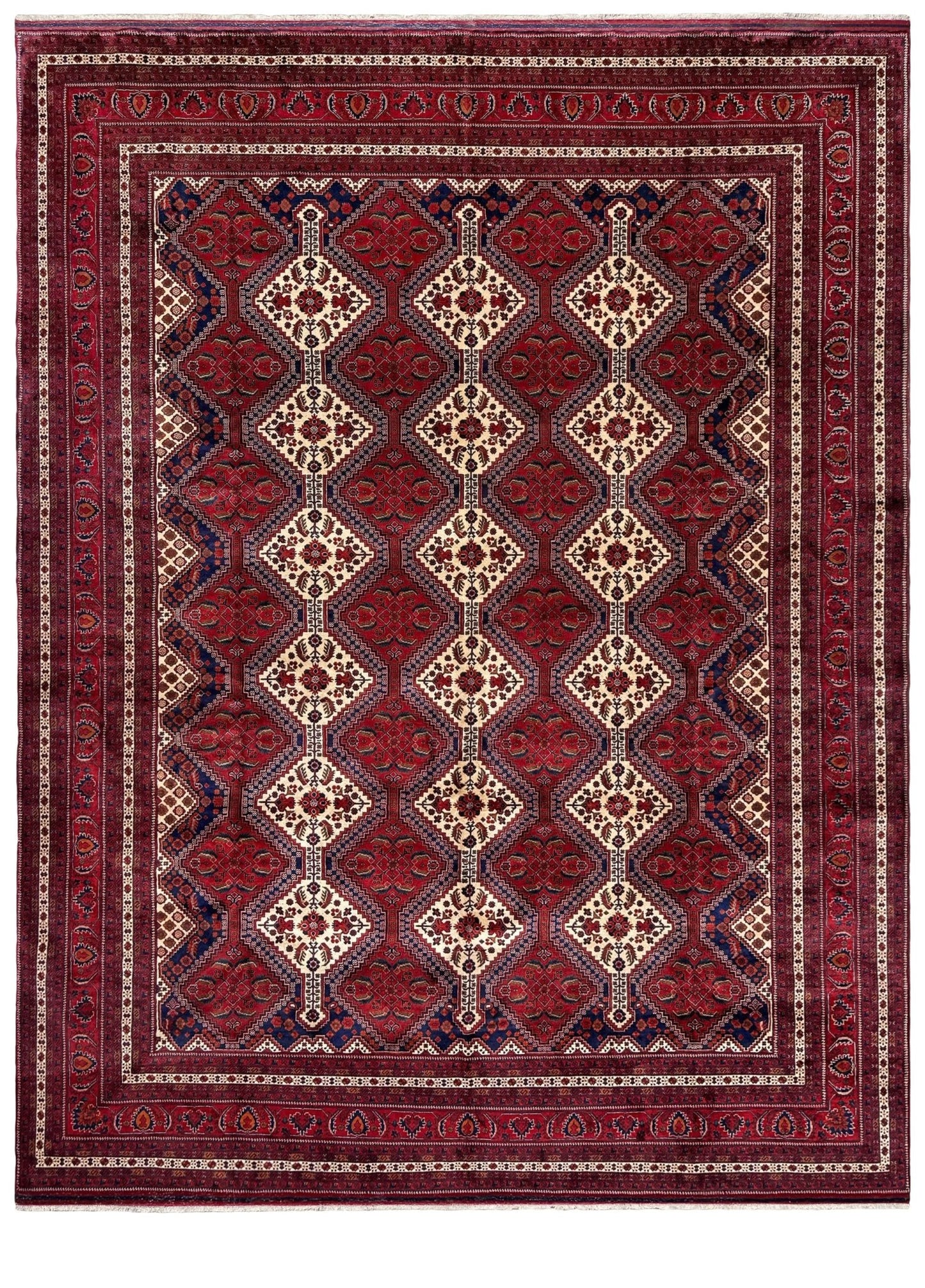 A traditional oriental-style area rug with a deep red field, featuring a central diamond pattern in cream, beige, and navy blue, surrounded by a multi-layered decorative border.