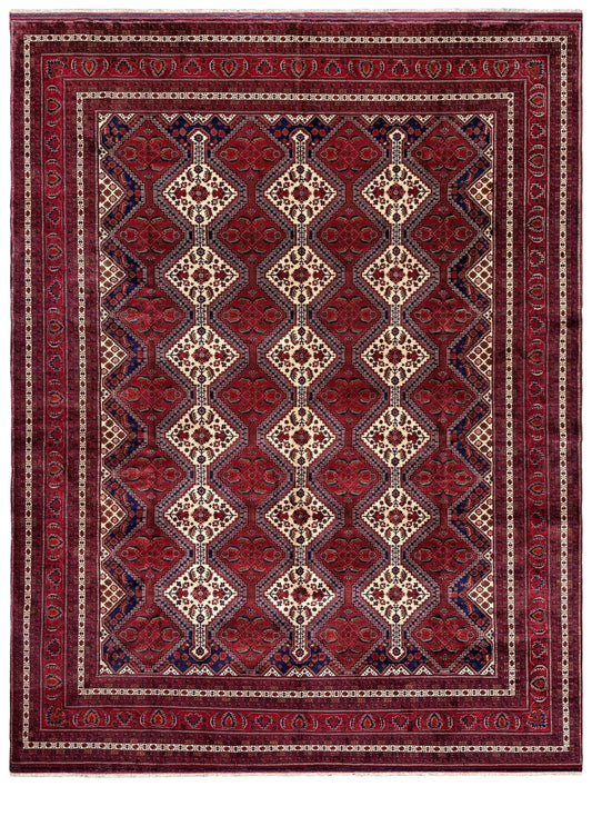 A traditional oriental-style area rug with a deep red field, featuring a central diamond pattern in cream, beige, and navy blue, surrounded by a multi-layered decorative border.