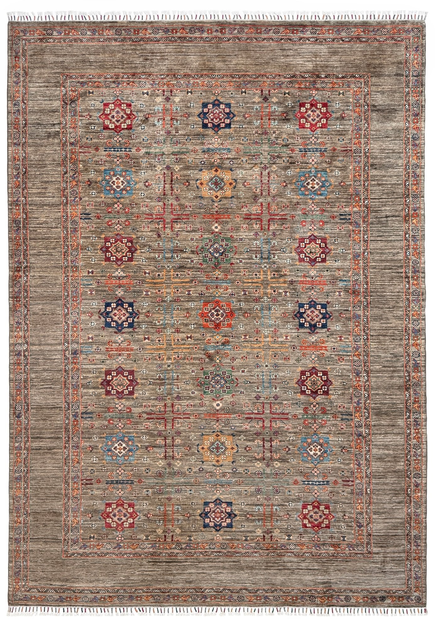Contemporary Bilcik Turkmen 7x10 rug with dusted olive taupe field, colorful tribal motifs, handmade Ghazni wool area rug from Indigo Rugs Burlingame Bay Area.